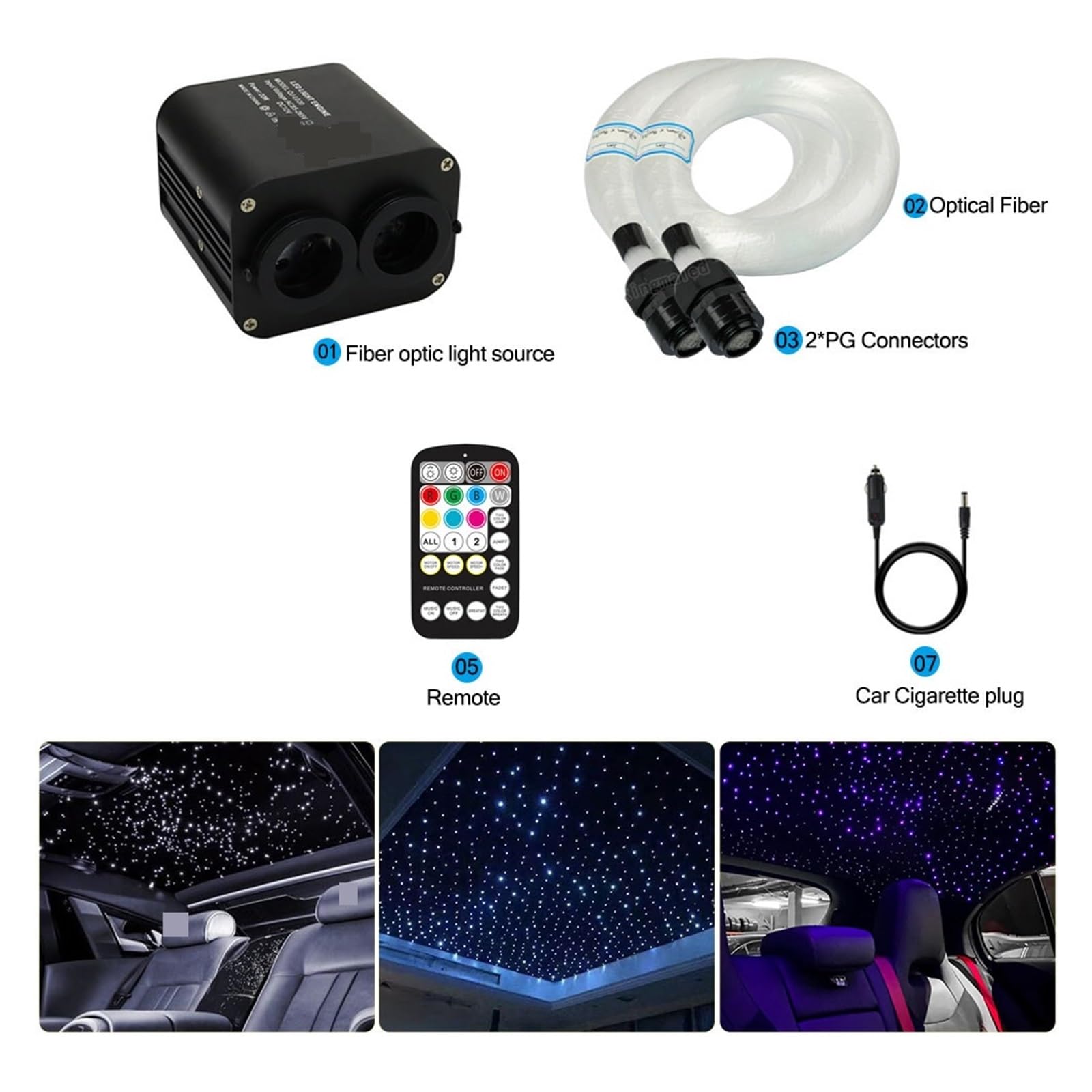 DELURA 20W RGBW Coche De Doble Cabeza Cielo Estrellado Control De Música Coche Techo Estrella Fibra Óptica Estrella Techo Kit Luz De Fibra Óptica Ampliamente Utilizado (Size : LED Engine NO Fiber)
