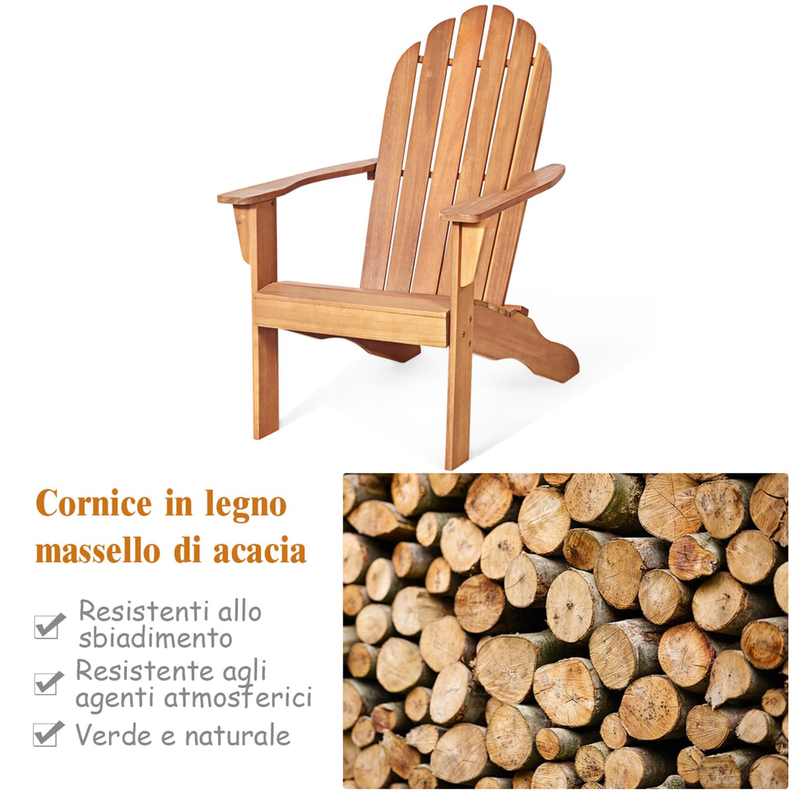COSTWAY Adirondack-Sedia Giardino in Legno, Poltrona Esterno con Schienale Alta, Sedia a Sdraio Prendisole per Spiaggia Cortile Balcone, Portata 160 kg (Naturale, 69 x 88 x 103 cm)