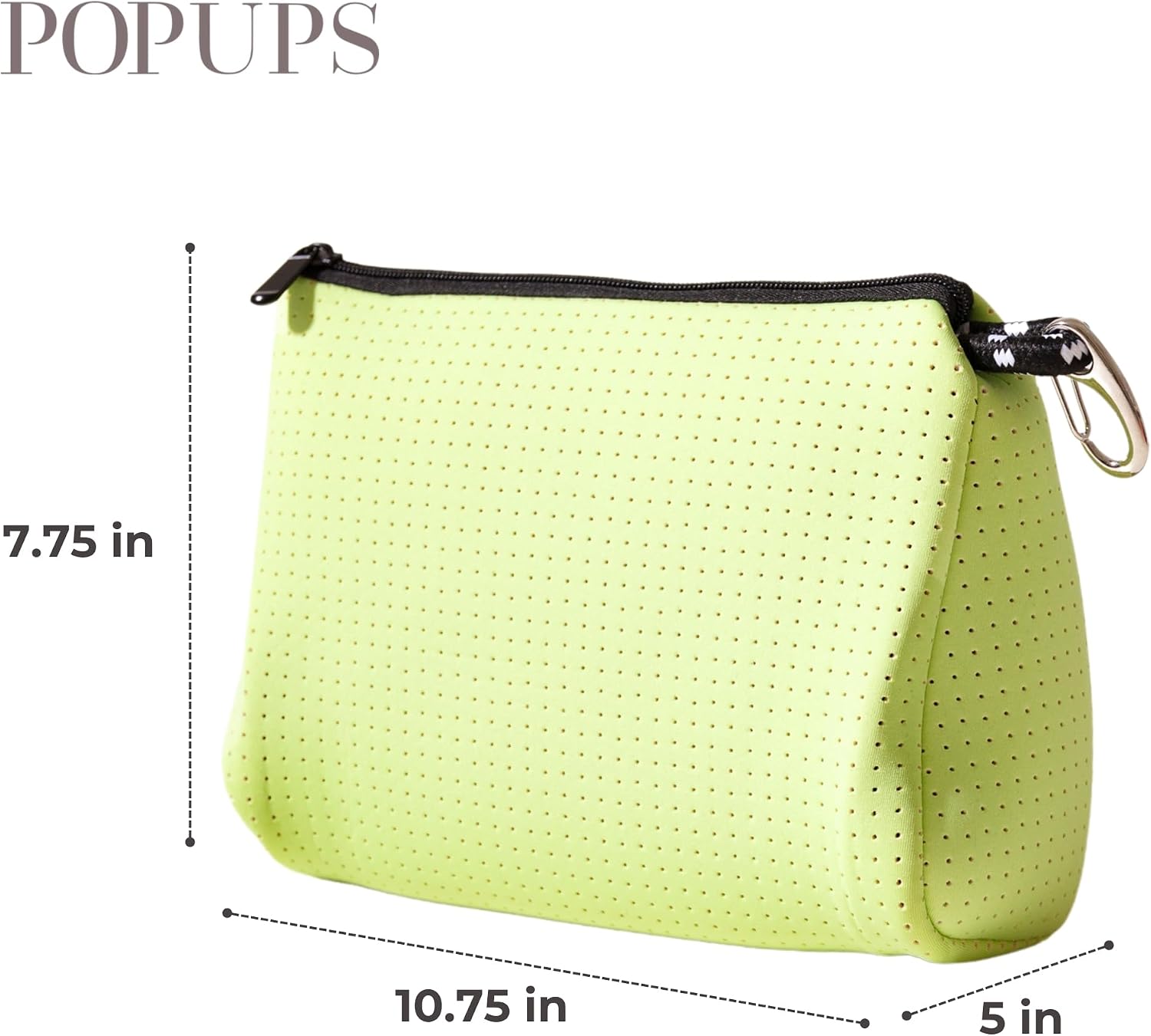 POPUPS Large Makeup Bag with Zipper, Neon Green - Waterproof Neoprene Cosmetic Bag 7.7 x 10.75 x 5 inches