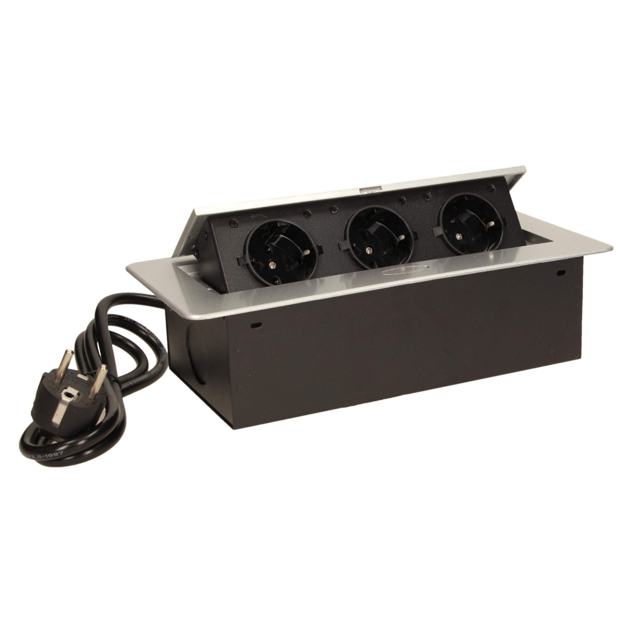 ORNO OR-AE-1337(GS) wpuszczana listwa zasilająca do zabudowy, 3 gniazda, 3600 W, gotowa do podłączenia z kablem ochronnym o długości 1,5 m, srebrna