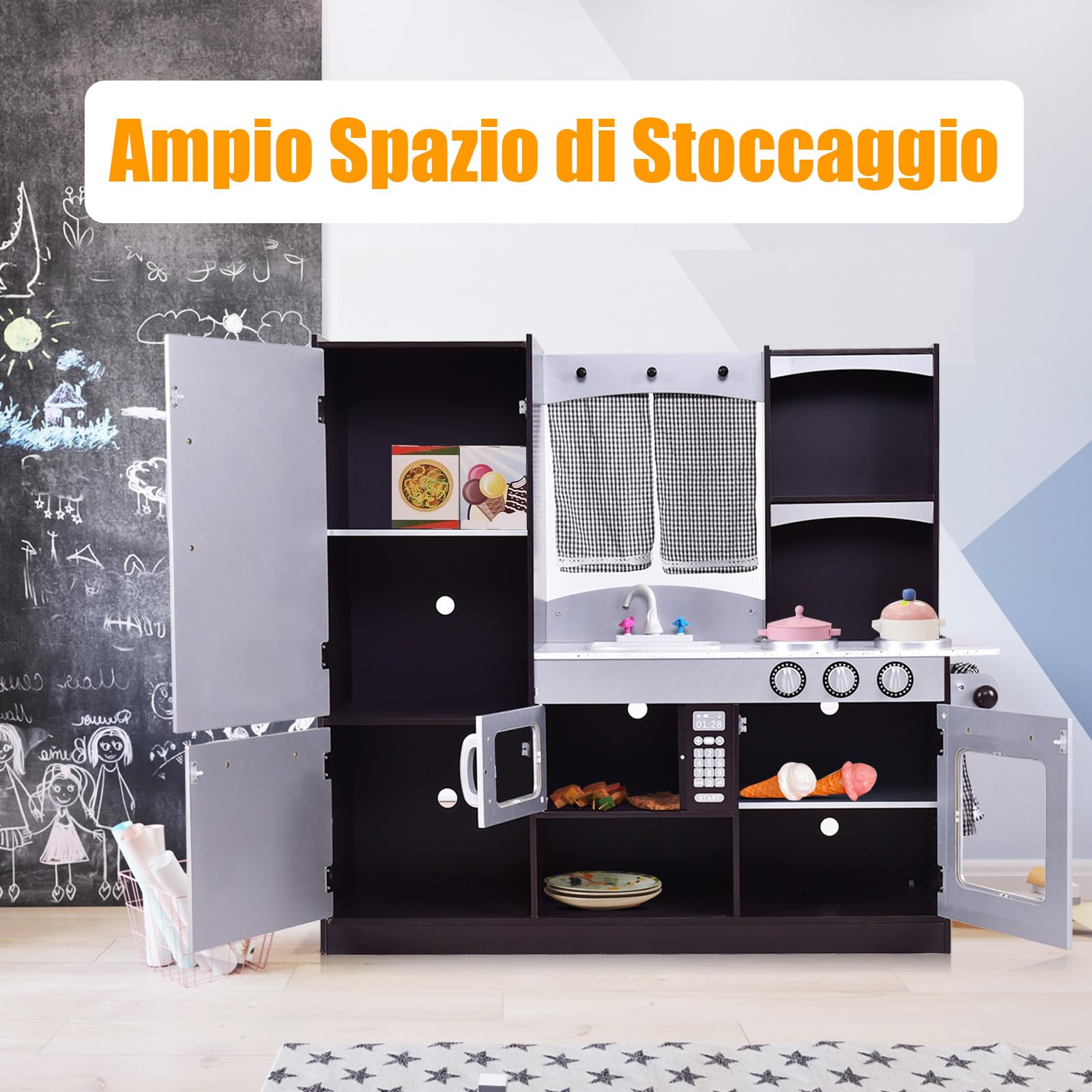 RELAX4LIFE Cucina Giocattolo in Legno per Bambini, Mini Cucina con Forno, Microonde e Frigorifero, Accessori Realistici, Natale/Compleanno/Feste