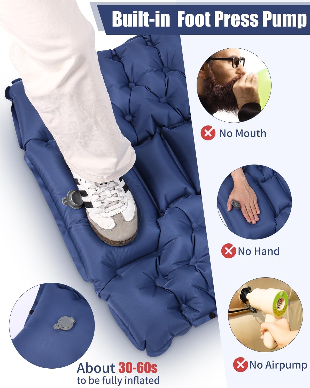 Matelas Camping Gonflable, Matelas Autogonflant avec Oreiller Intégré et Pompe à Pied, Ultraléger Matelas Gonflable 1 Place, Portable Matelas pour Camping, Randonnée, Aventure, Trekking, Bleu