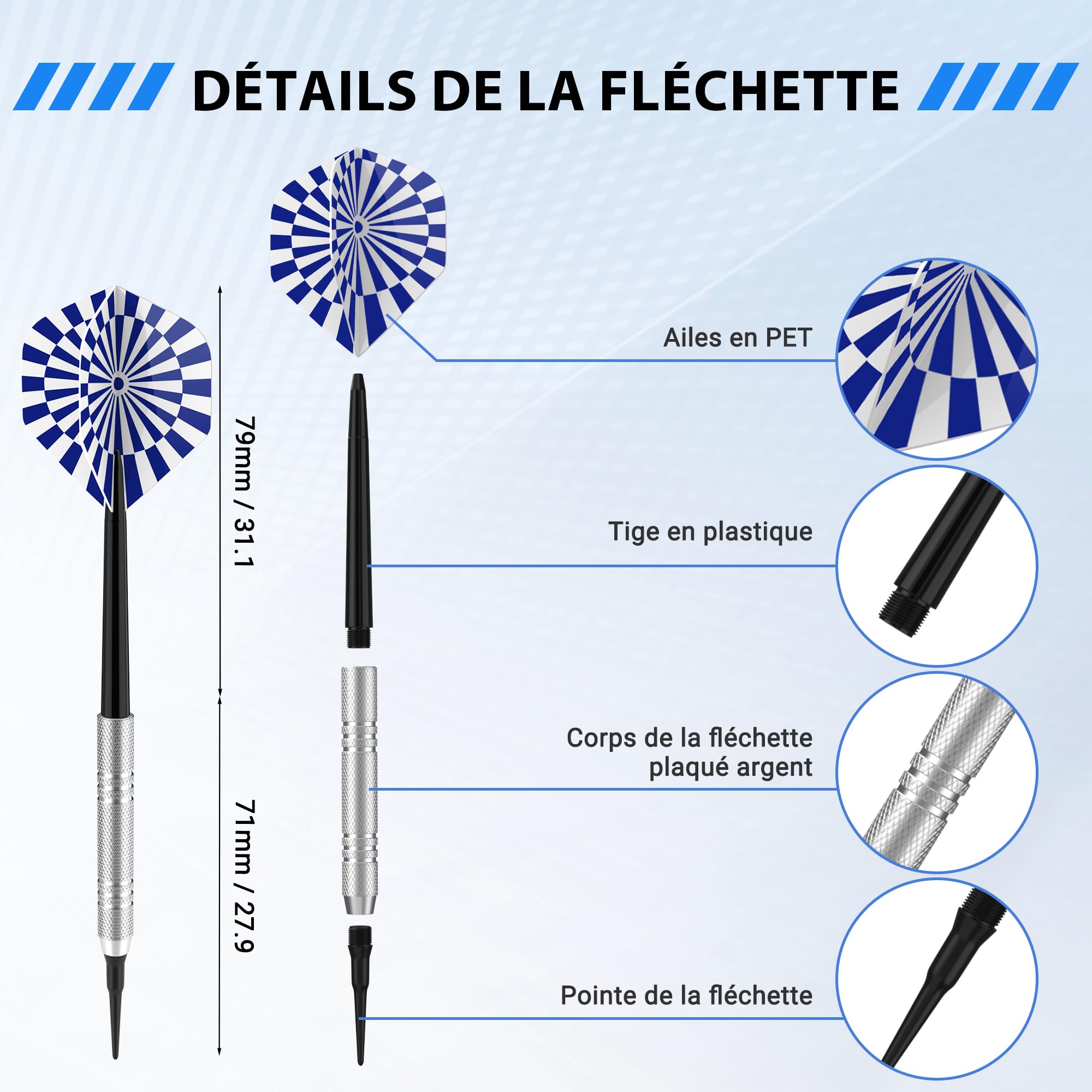 Elalove 12 Fléchettes à Pointe Plastique 14g avec 100 Embouts Remplacement et 24 Ailettes- Set Professionnel pour Cibles Électroniques - Darts Souples et Durables en Matériau Plastique