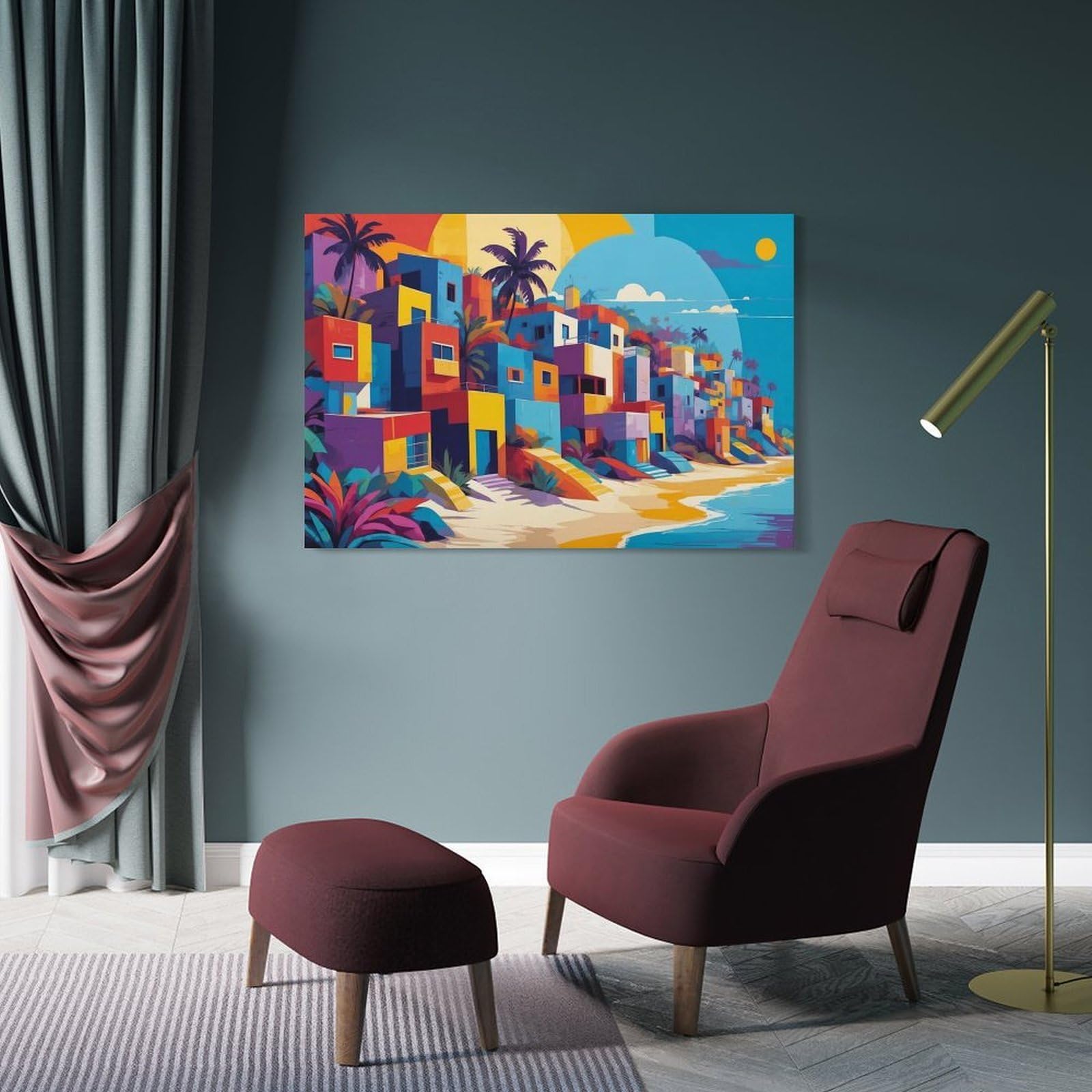 Junmoney Frame-Style-22-1 Colorful Coastal Village Illustration Home Decor Wall Art 20X30inch(50X75cm), For Lounge, Study, Hallway Or Flat Walls, Stylish Home Artwork For Focal Walls