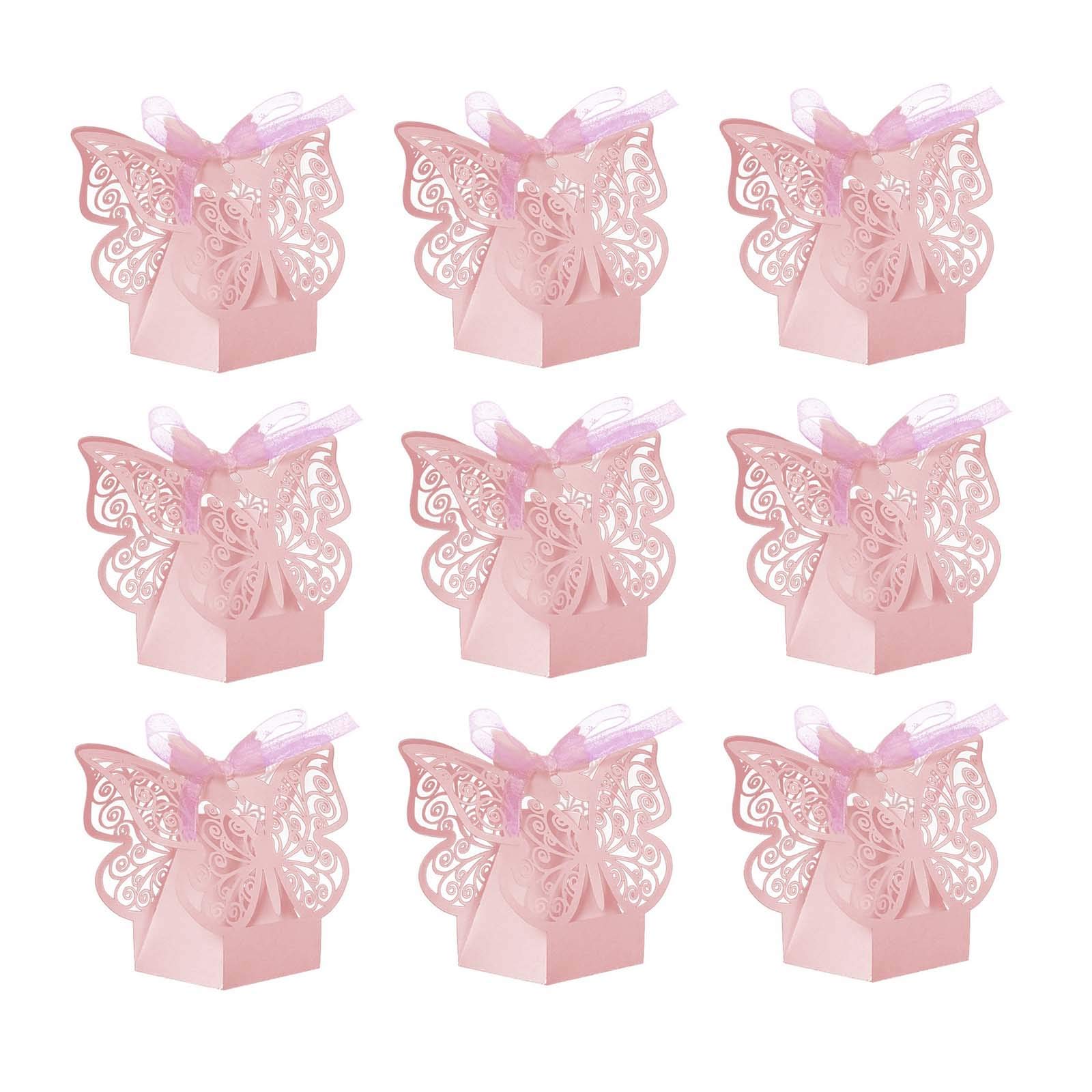 JANOU24pcs Butterfly Candy Boxes Laser Cut DIY Paper Box with Ribbons for Wedding Bridal Birthday Baby Shower Party Suppliers (Pink)