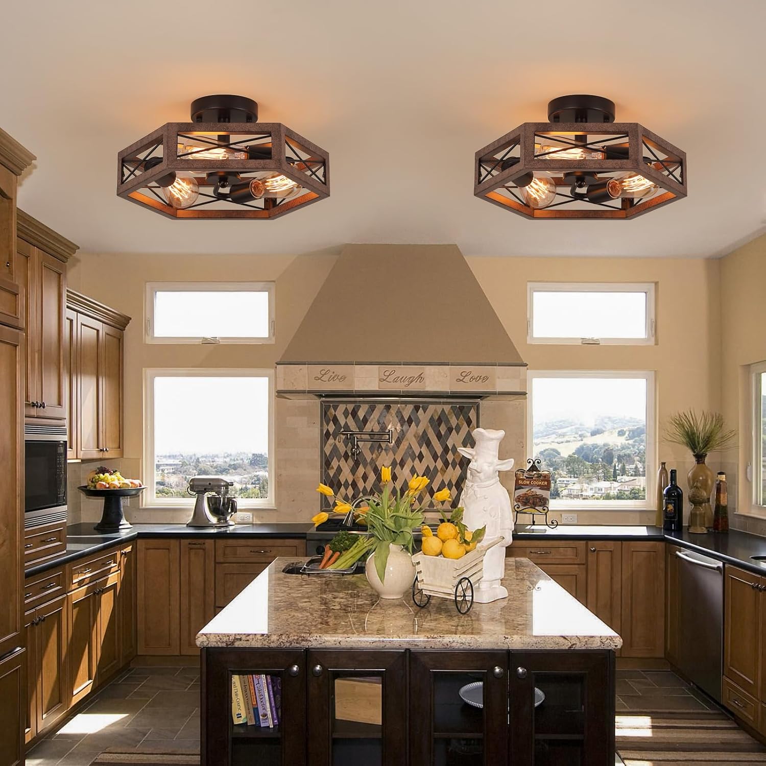 3-Light Rustic Farmhouse Metal Flush Mount Ceiling Light Fixture 14.5 inch Antique Oak Hexagon Cage Semi Flush Mount Ceiling Light for Hallway Hall Entry Bedroom Kitchen Farmhouse, Black