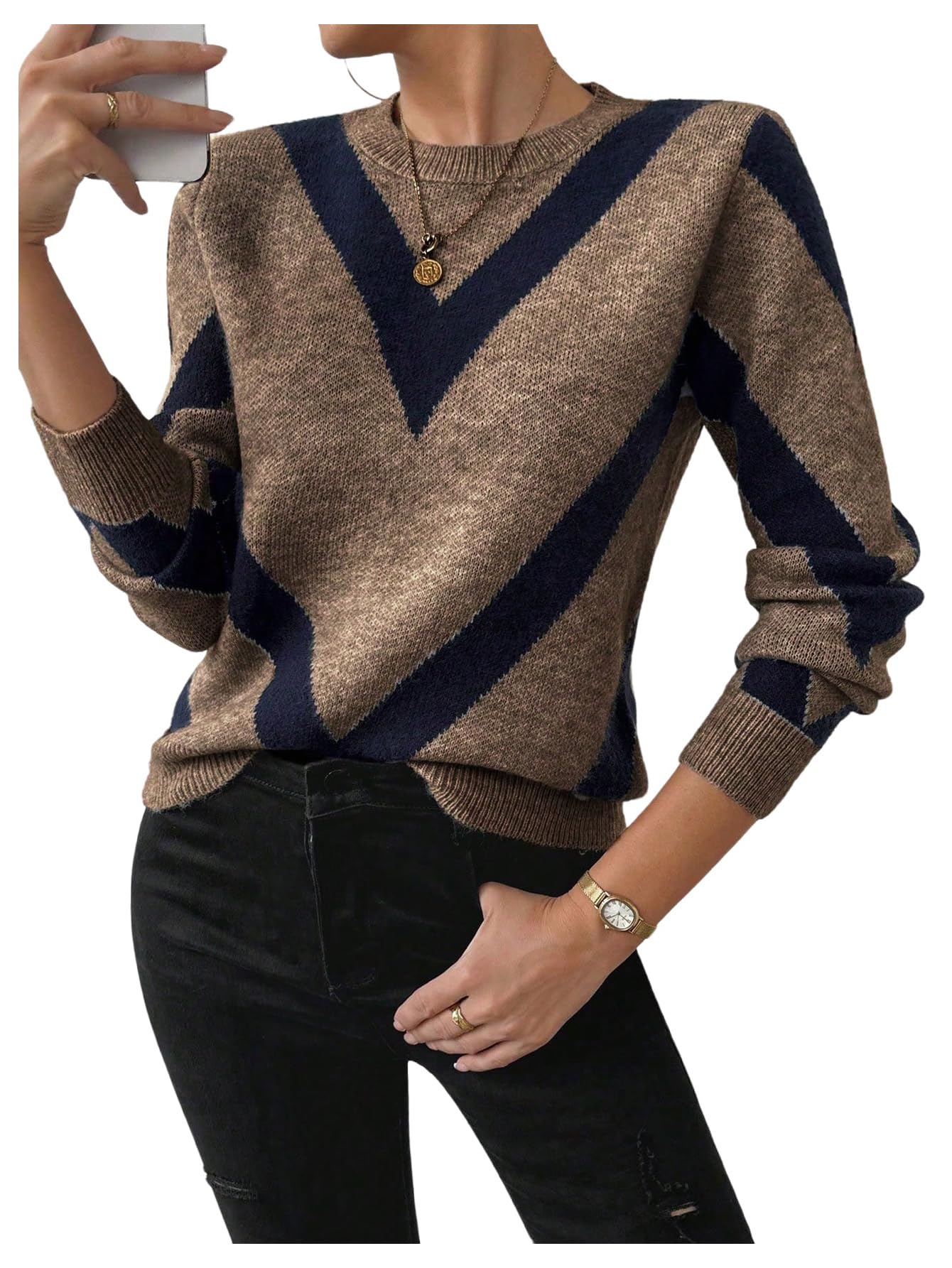 SweatyRocks Womens Chevron Print Long Sleeve Knitted Crewneck Sweater Casual Pullover Top