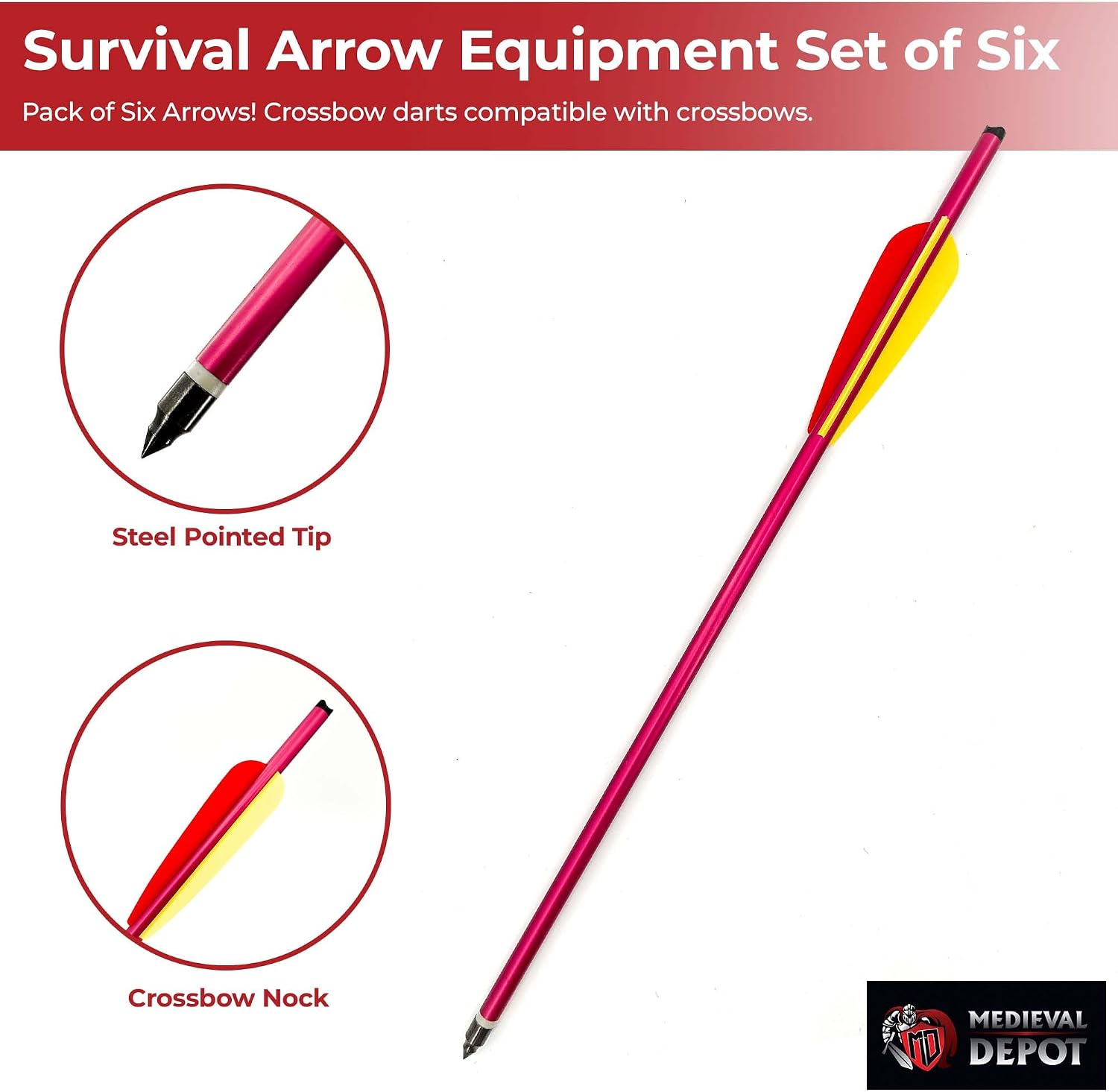 MedievalDepot Survival Arrow Equipment Aluminum Red 16 Inch Set of Six, Steel Tips, Durable Fletching