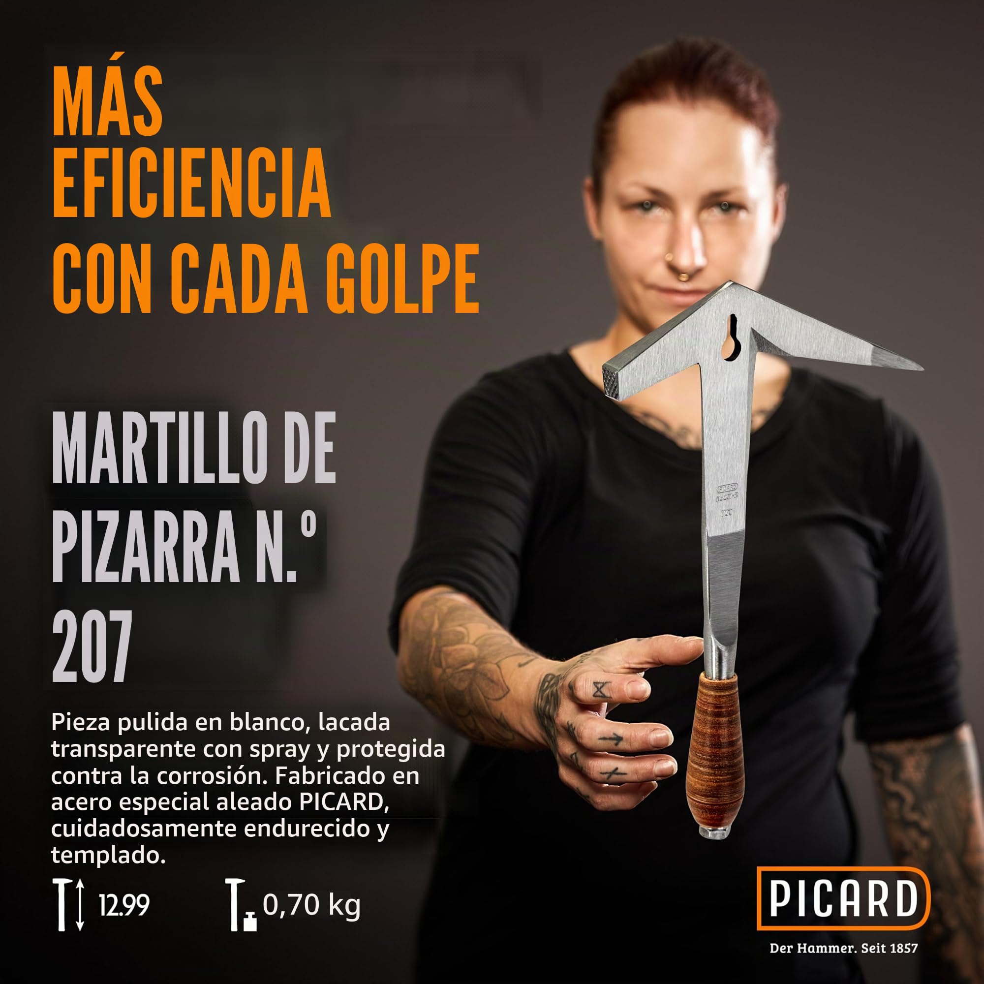 PICARD Martillo de pizarra n.º 207 R XL, 700 g, mango ergonómico de piel y mango de acero, resistente a la corrosión y forjado a mano, para diestros, fabricado en Alemania desde 1857