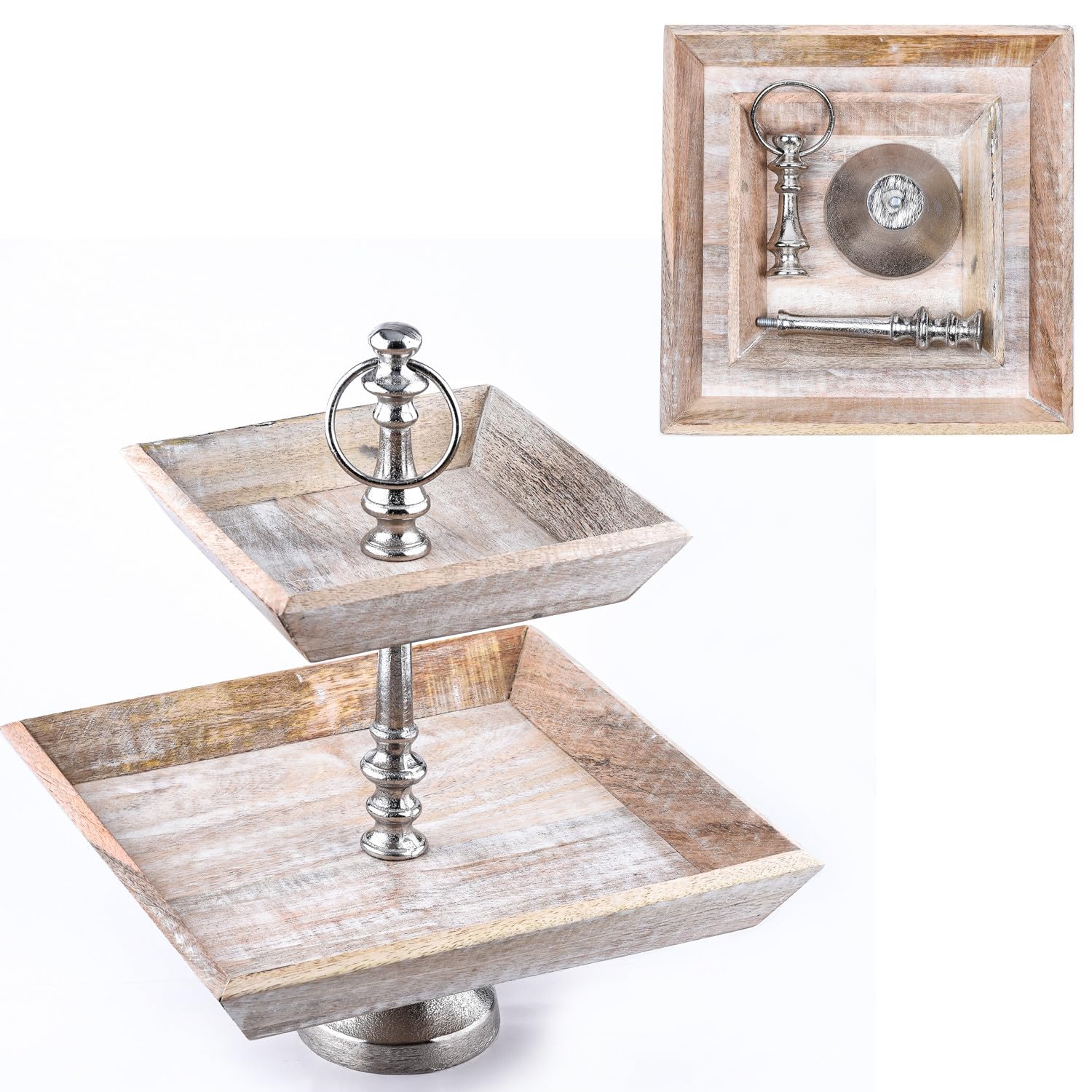Vintage Obst-Etagere Ansgar 2 Etagen edel aus Holz und Aluminium 38 cm