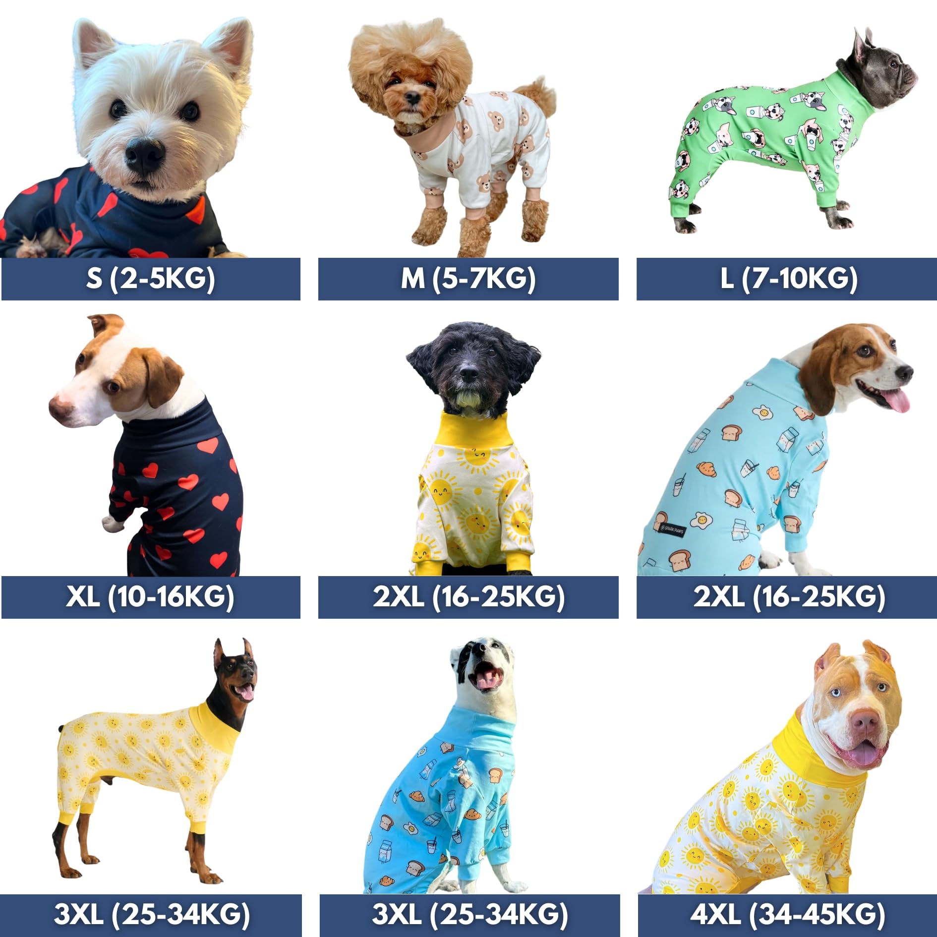 Spark Paws Hundepyjama, ultraweich und 4-Wege-Stretch, Erholungsanzug nach Operation, Schlafanzug Onesie für Kleine, Mittlere und Große Hunde - Breakfast Blue - L