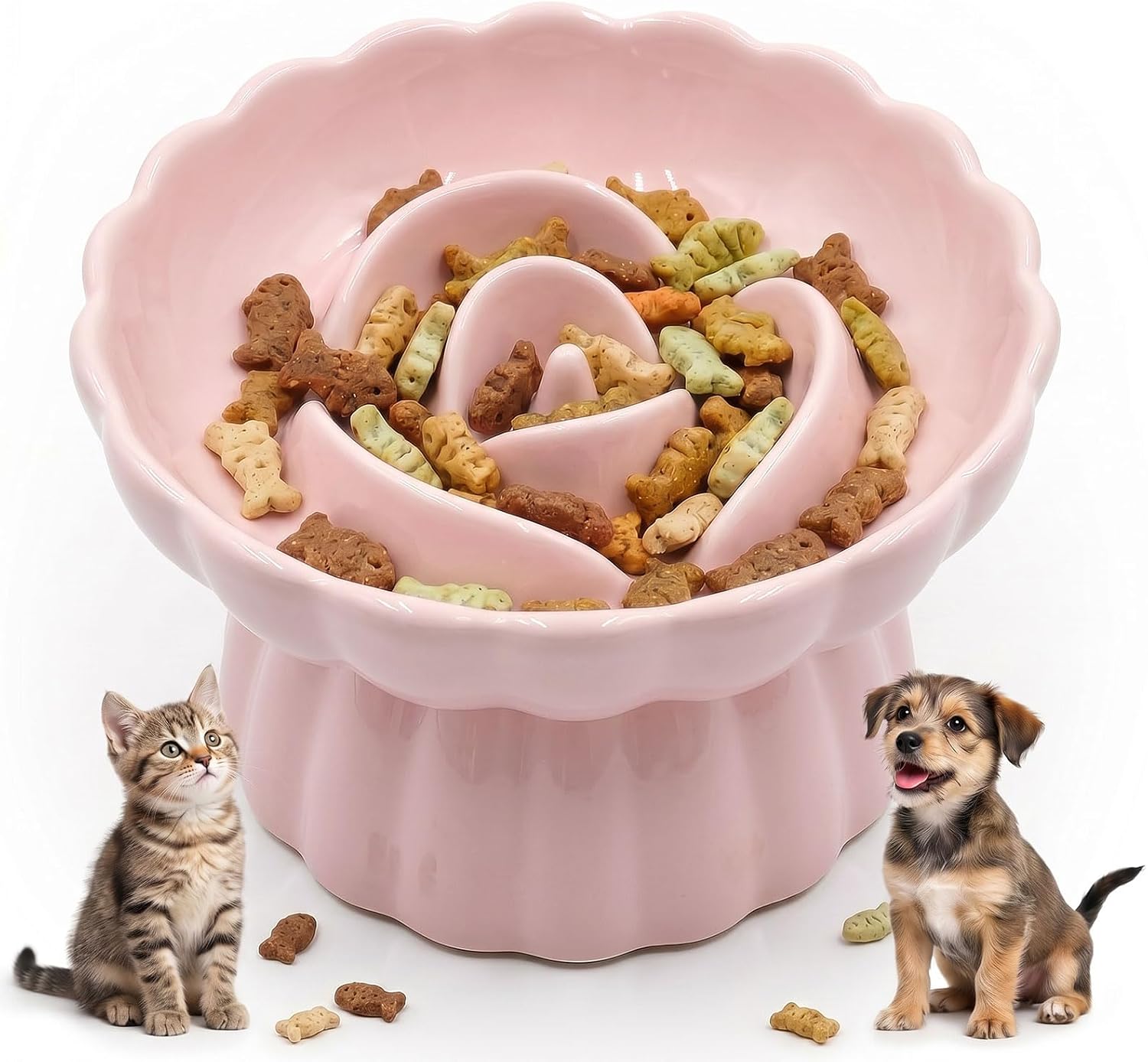 Ceramic Raised Cat Slow Feeder Bowls Whisker Friendly Anti Vomiting Cat Slow Eating Food Bowl for Cats Puppy Dogs Neck Support Plates (Pink)