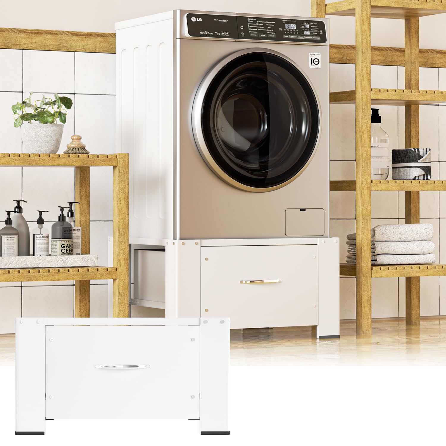Herrselsam Universal Waschmaschinen Unterschrank mit Schublade 62x54x32 cm, Podest für Waschmaschine und Trockner, geräuschreduzierende Gummiauflage, ideal für Waschmaschine, Trockner, Weiß