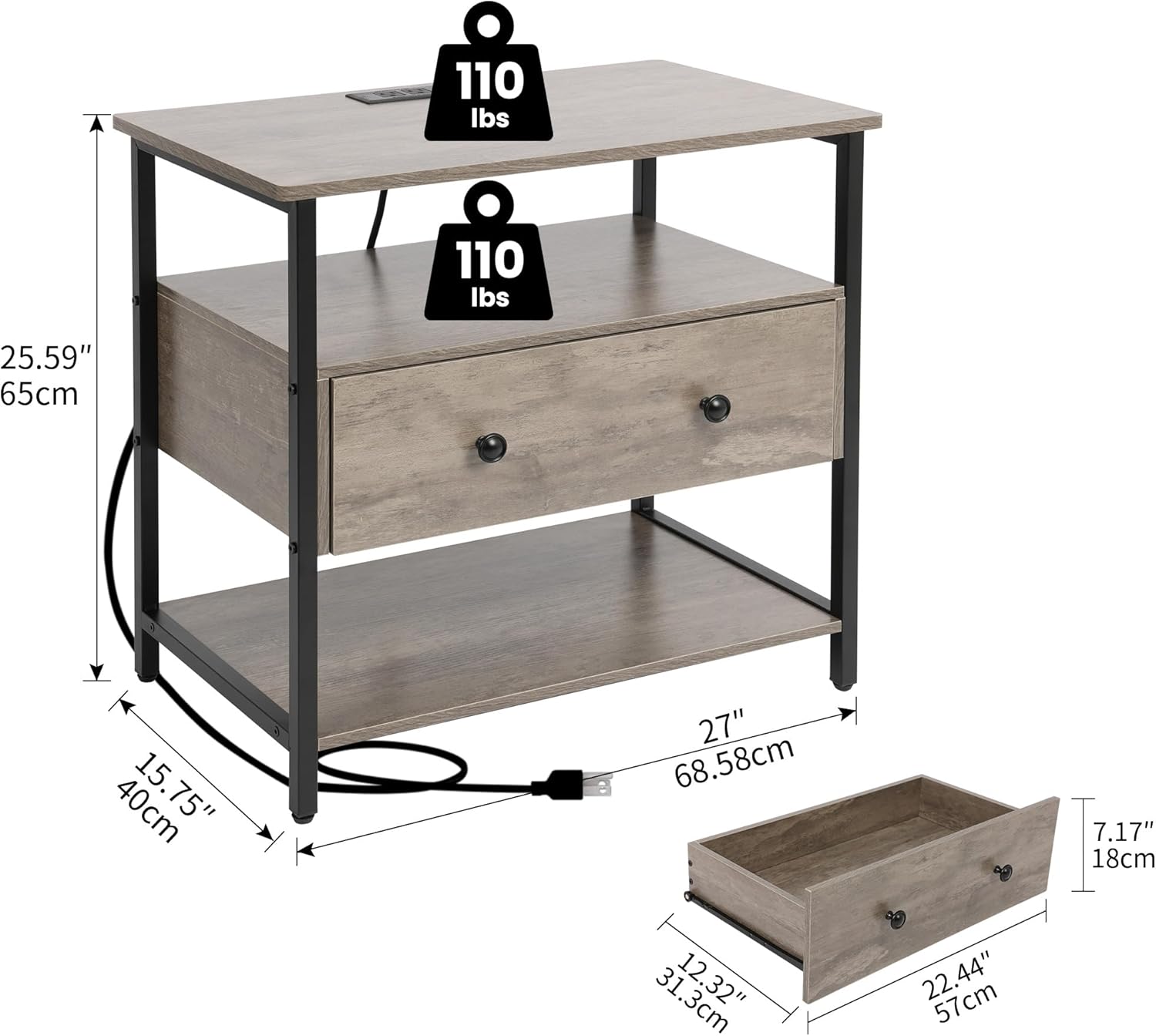 Edbuosy 27 Inch Wide Night Stand with Charging Station, Wood Nightstand with Open Shelf, Large Drawer Bedside Table for Living Room/Bedroom/Office (Rustic Gray) Rustic Gray 1 Drawer