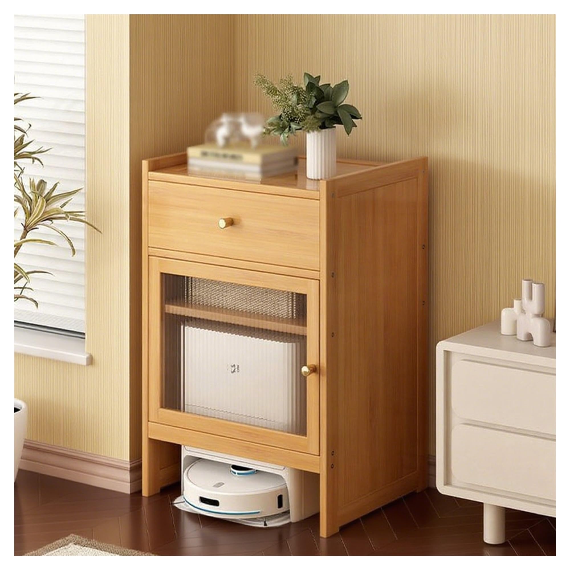 SXZenSpace Natural Vacuum Cabinet Robot Storage Side Table Accent End for Living Room Office Entrance Space Saving Design Home nization