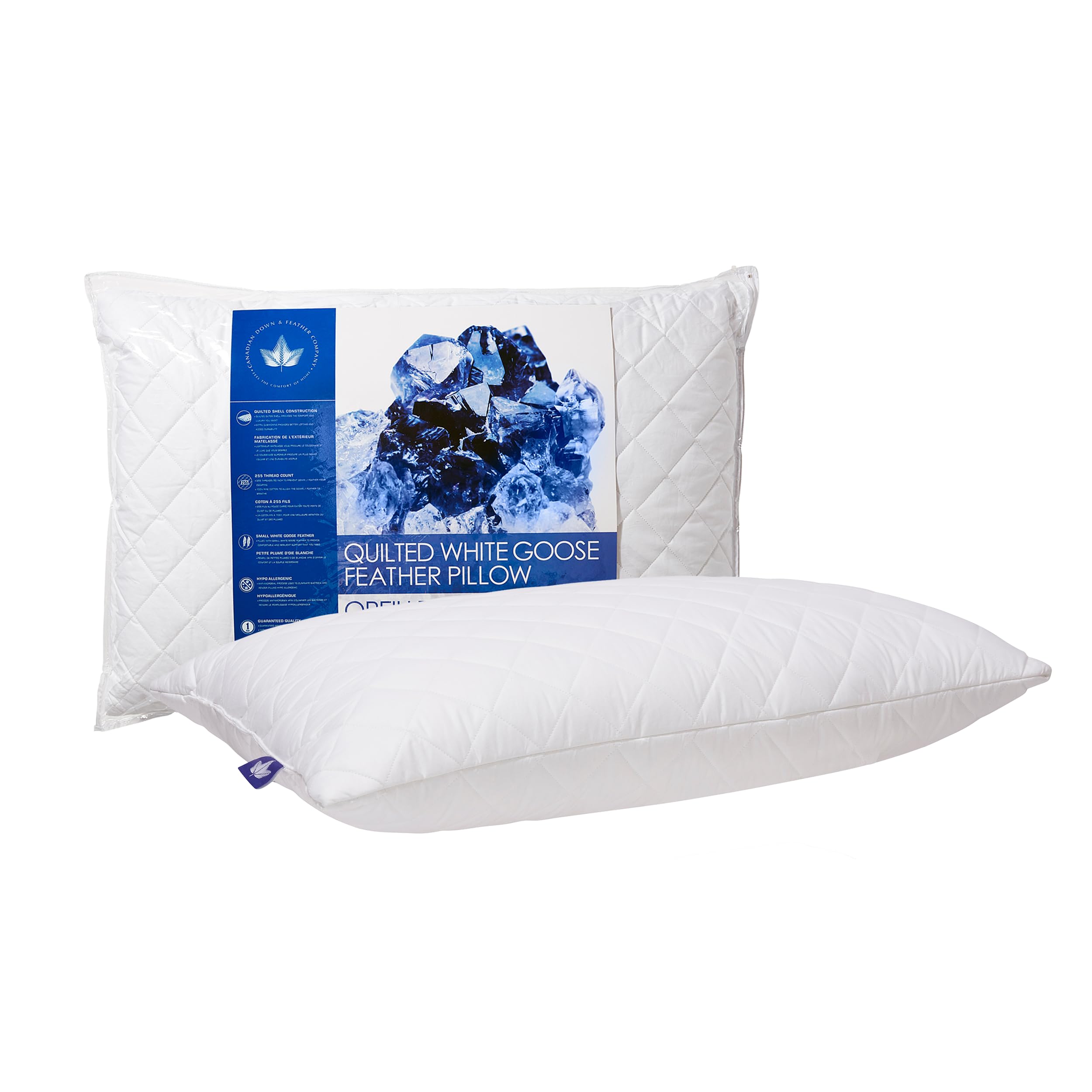 Canadian Down & Feather Co. - Firm Support Quilted White Goose Feather Pillow King Size - 255 TC Shell 100% Cotton - Filled in Canada