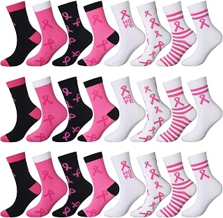 Boyiee 24 Pairs Breast Cancer Socks Bulk for Girls Women Pink Ribbon Awareness Run Sports Teams Fundraisers Volunteering
