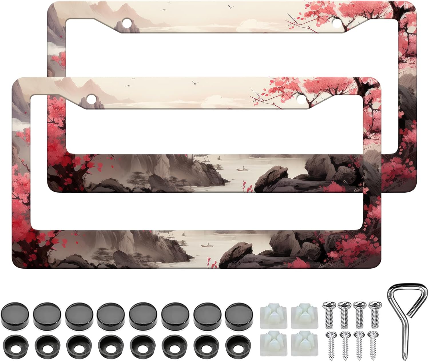 Mountain License Plate Frame - 2PCS Anime Japanese Sakura Aluminum Metal License Plate Holder, Rust-Proof Waterproof Car Decorative Tag Frame for Standard Us 12x6 Inch