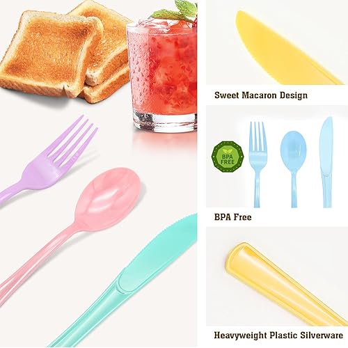 Miniatura 5 de 150 cubiertos de plástico pastel resistentes iridiscentes cubiertos desechables incluye 50 tenedores, 50 cuchillos, 50 cucharas para Pascua,