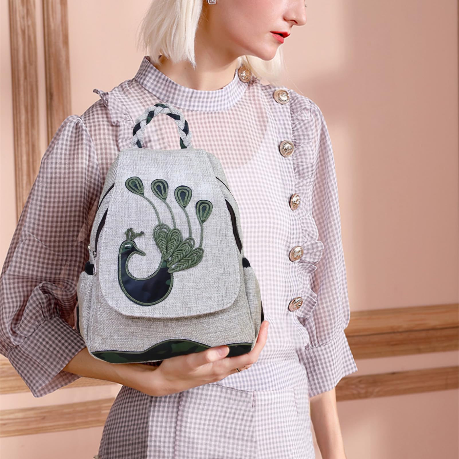 Mochila Pequeña de Cáñamo para Mujer Mochila Bohemia Pavo Real
