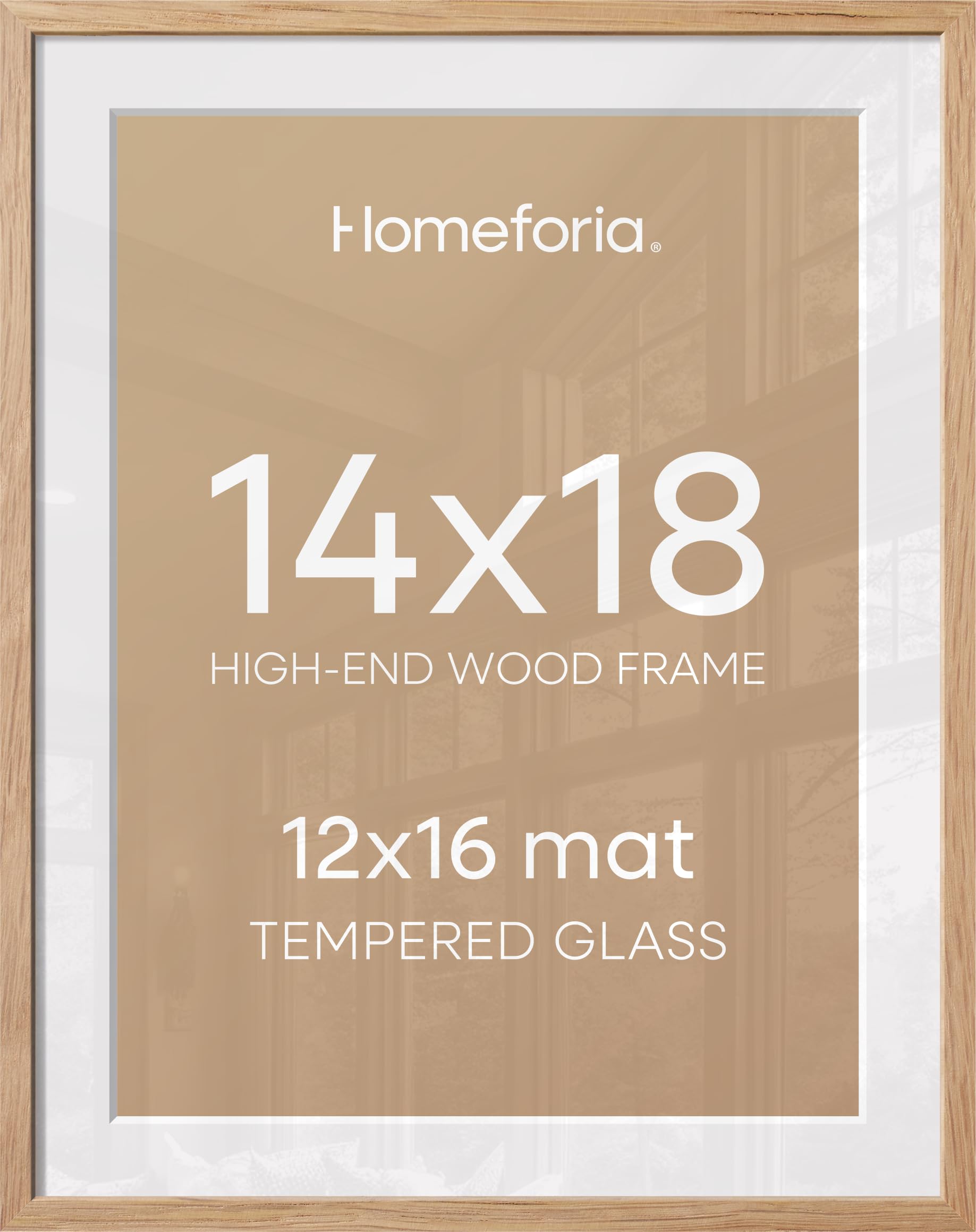 Homeforia 14x18 Natural Oak Picture Frame, High-End Wood, 12x16 Mat, Glass | High End Solid Oak Wood, Tempered Glass, Acid-Free 12x16 Removable Mat, 14x18 Edge-to-Edge Display 18x14, Wall Kit, Set Of 2