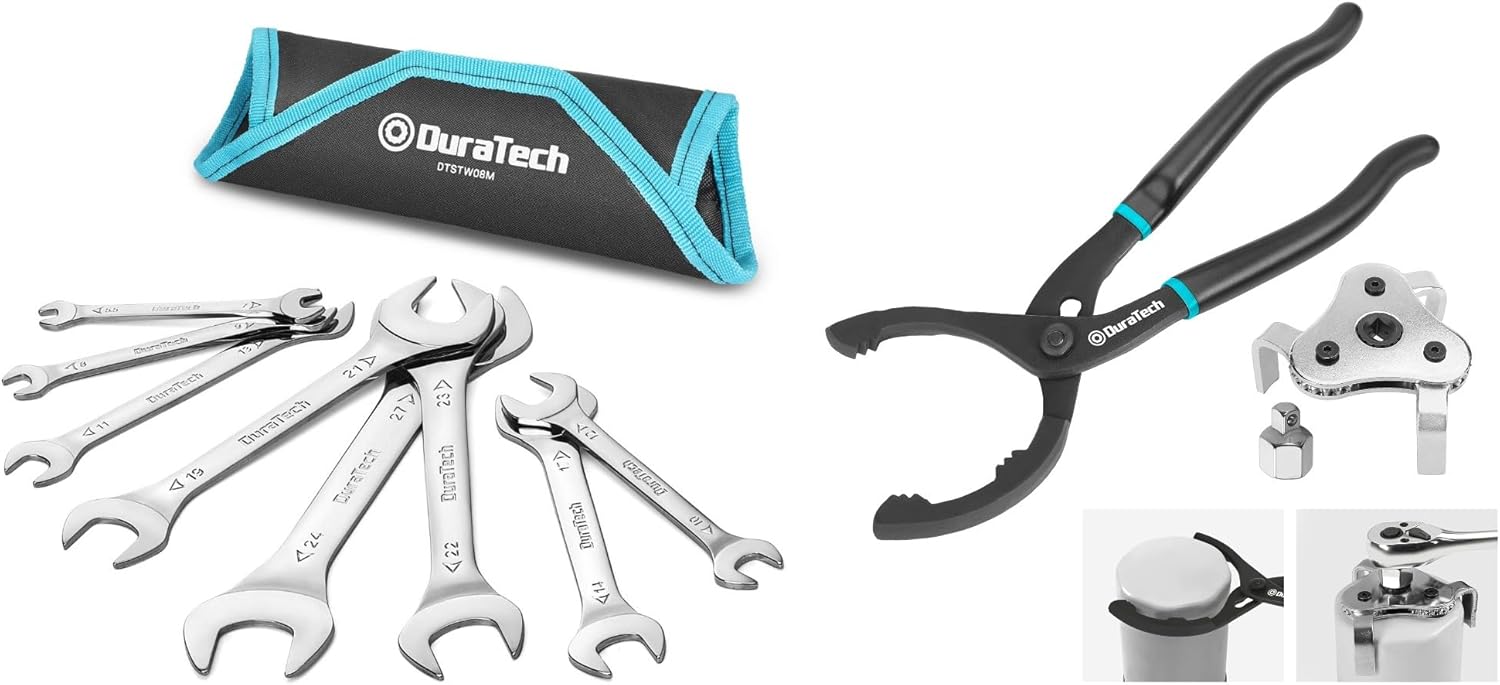 DURATECH Super-Thin Open End Wrench Set, Metric, 8-Piece 2-Piece 12 Inch Oil Filter Pliers & 3 Jaw Adjustable Oil Filter Removal Wrench,
