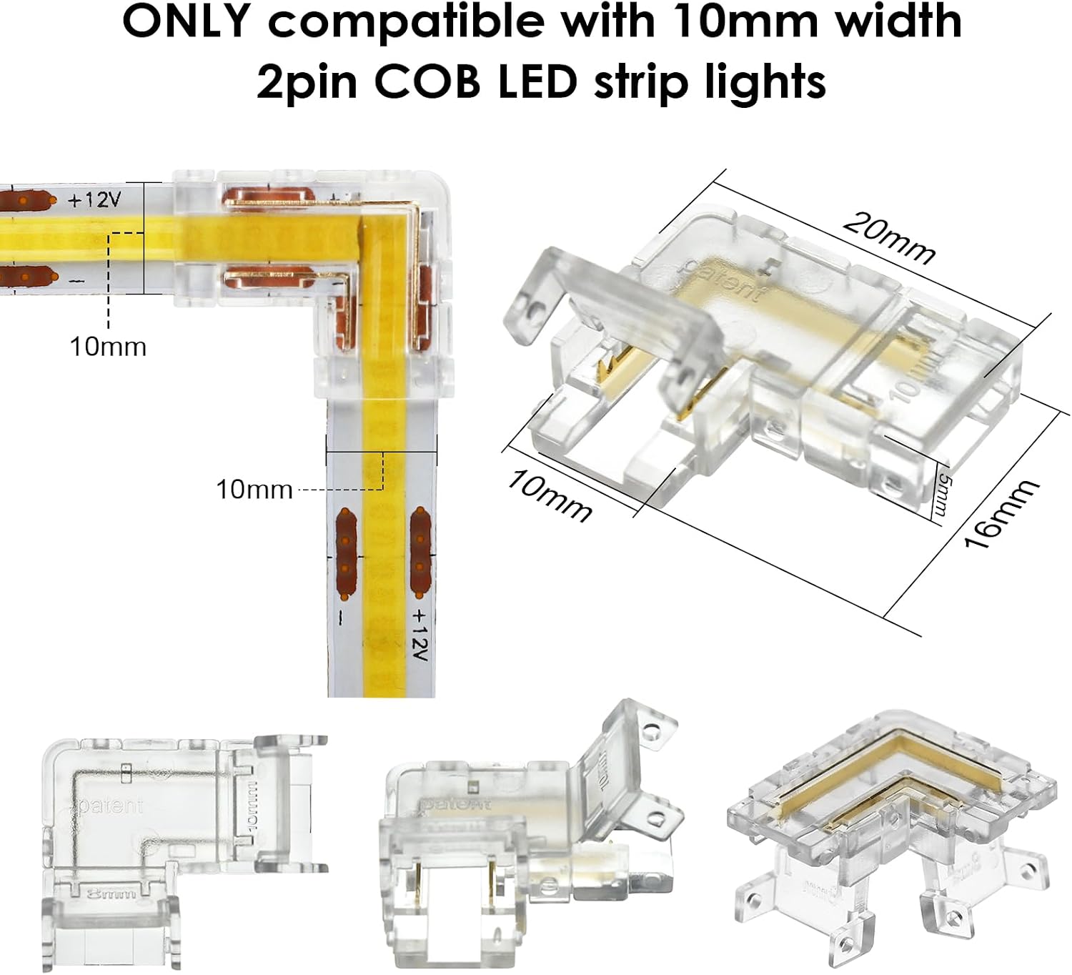 12P 2Pin 10mm L Shape LED Strip Light Connectors for COB Tape Lights image 2