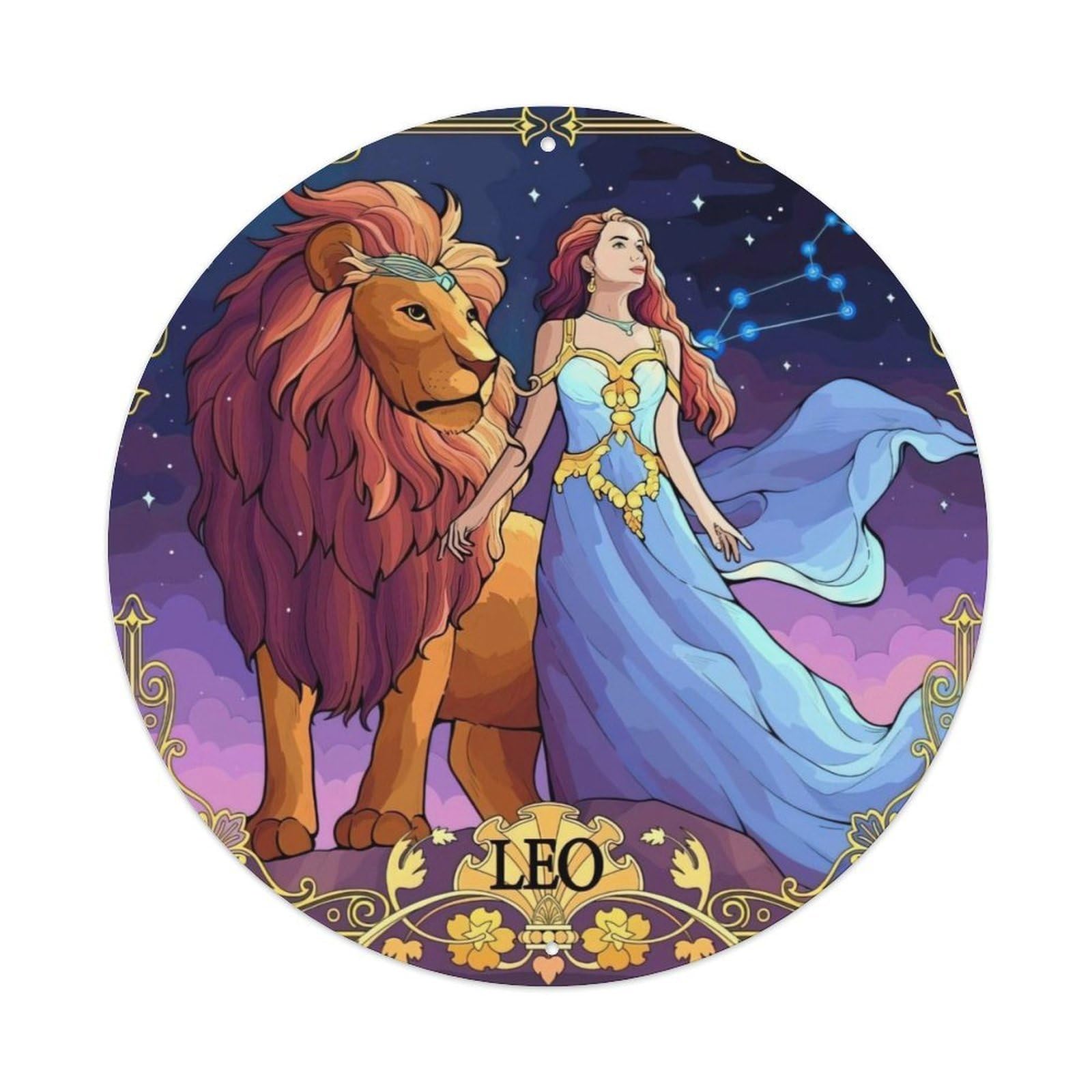 Leo Twelve Constellations Vintage Metal Tin Sign Plaque Wall Decor for Cafe, Club, Garden Round Metal Poster 8x8Inch
