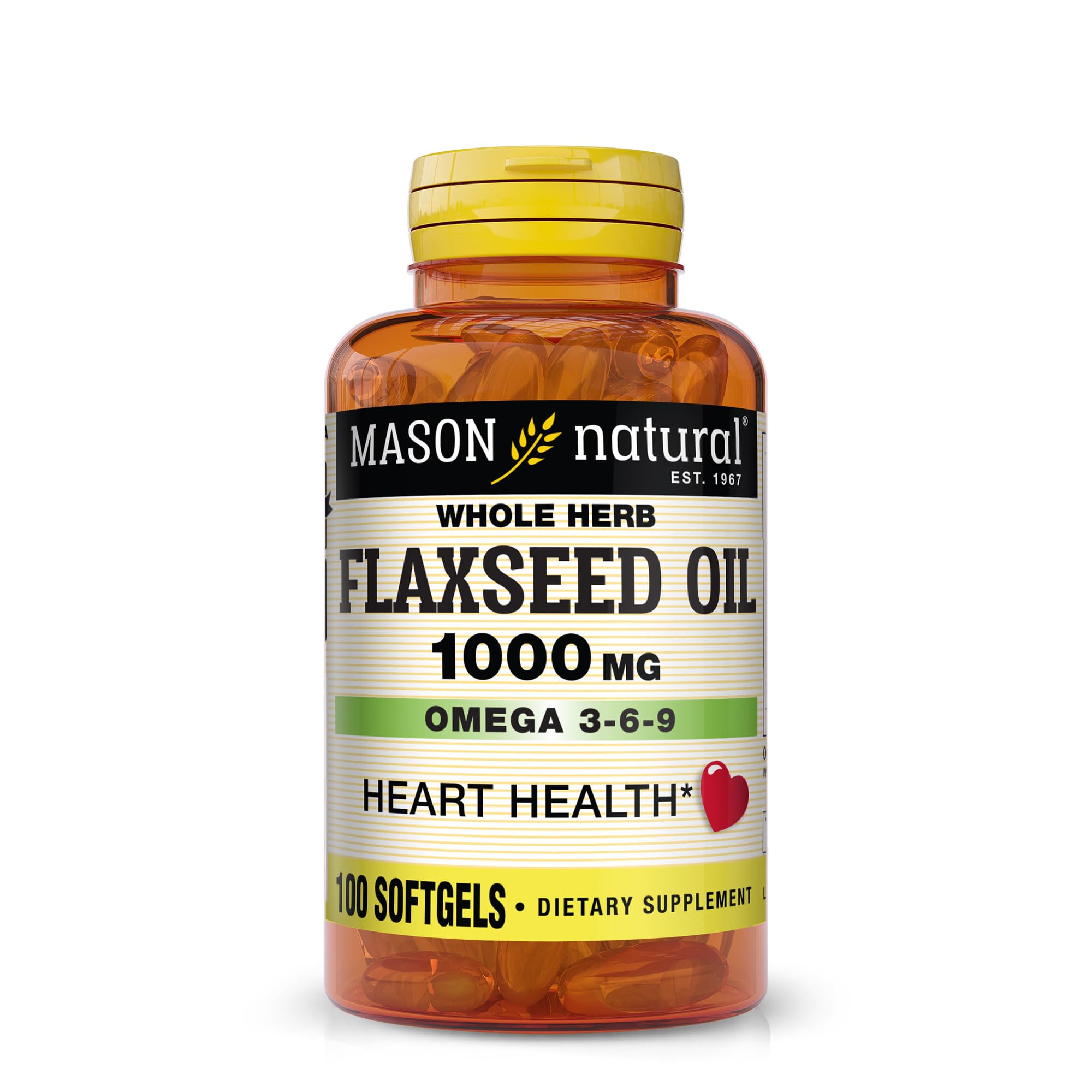 MASON NATURAL Flaxseed Oil 1000mg – Omega 3-6-9 Softgels for Heart Health – Cold-Pressed Whole Herb Supplement – Gluten-Free, Non-GMO, 100 Softgels
