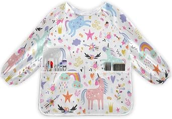 Kigai Unicorns and Rainbow Kids Art Smock Waterproof Artist Painting Aprons Long Sleeve with Pockets for Girls Boys Cooking Baking