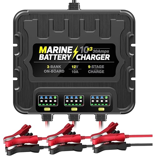 3 Bank Marine Battery Charger, 12V 30A (10A/Bank) Smart Waterproof Onboard Boat Battery Charger, Battery Maintainer & Desulfator for SLA/AGM/Lithium (LiFePO4), Calcium and Deep-Cycle Batteries