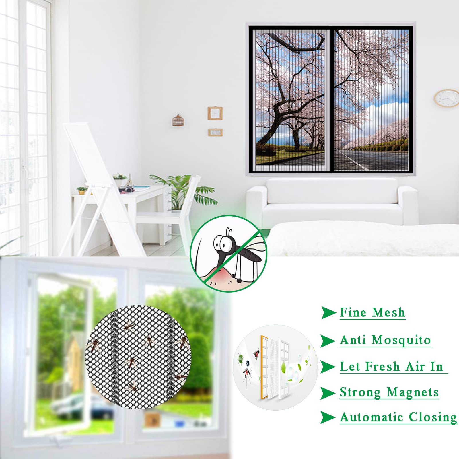 Mosquitera Ventana Magnetica130cmx115cm, Mosquitero Magnético para ventana, Cortina Magnética, Cierre Automático, Se puede instalar sin taladrar para Todas Puertas y Ventanas(Negro)