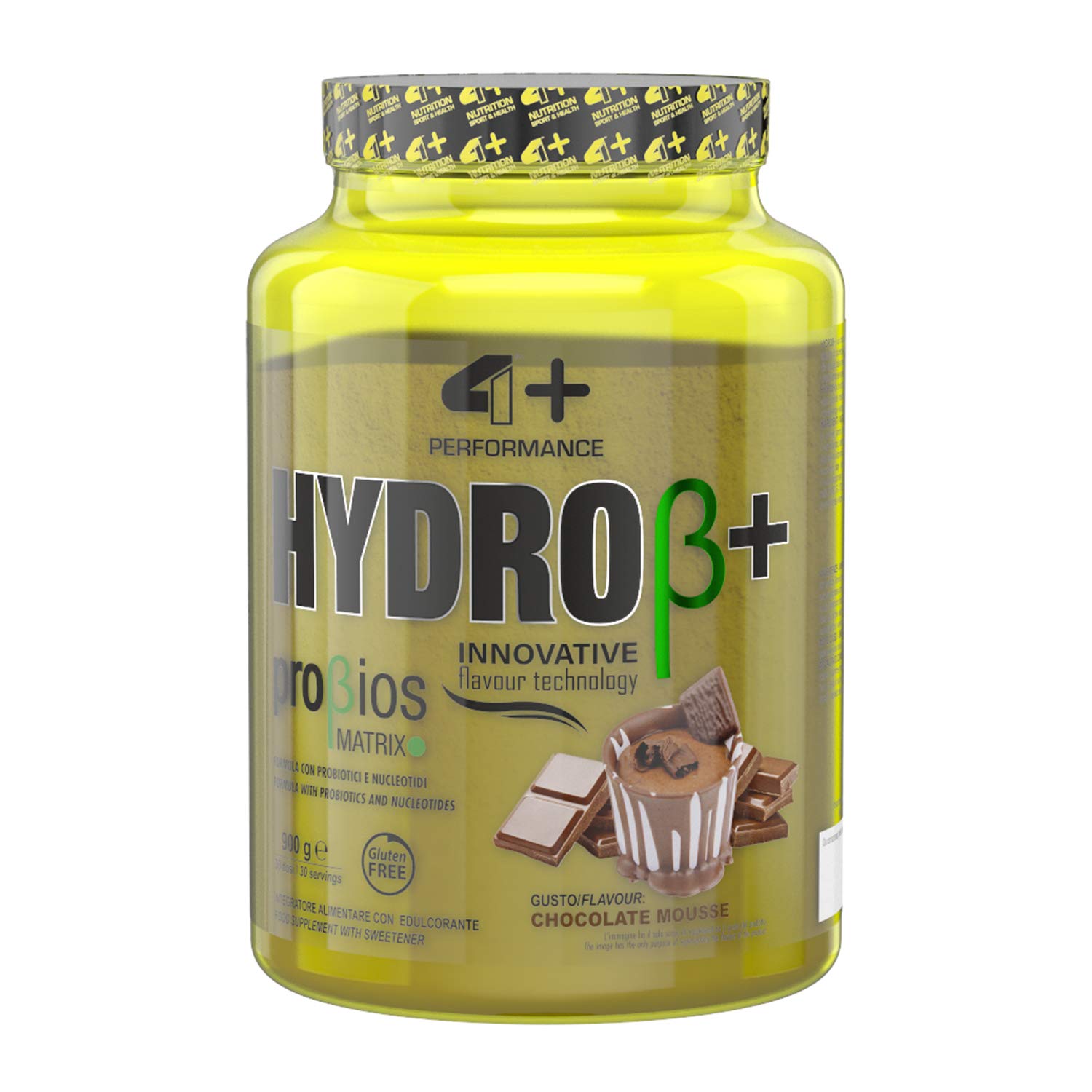 4+ NUTRITION - Hydro β+, Integratore Sportivo, Proteine Idrolizzate del Siero del Latte, Aumento di Energia, Resistenza e Recupero Veloce, in Polvere, Gusto Chocolate Mousse, 900 g
