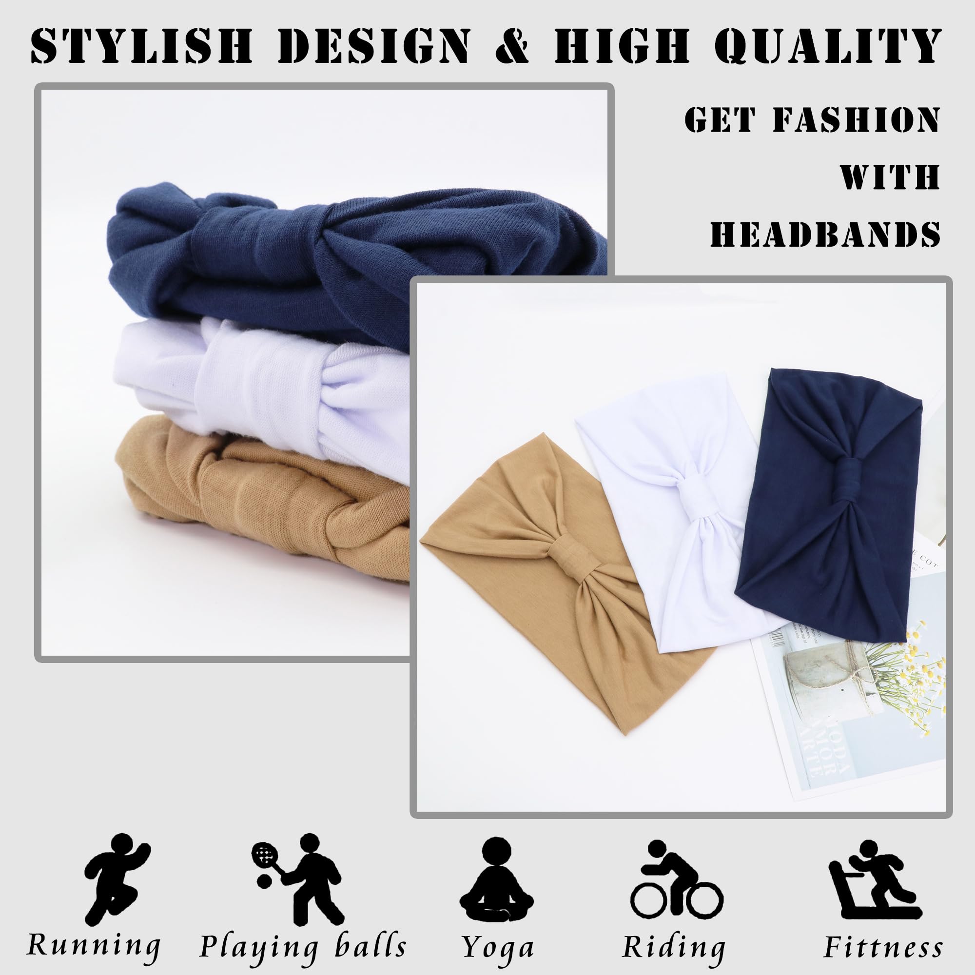 FULZTEY Fasce larghe per capelli da donna, stile bohémien, elastiche, nere, bianche, elastiche, per sport, yoga, allenamento, bandana, turbante annodato, tinta unita, accessori per capelli per ragazze