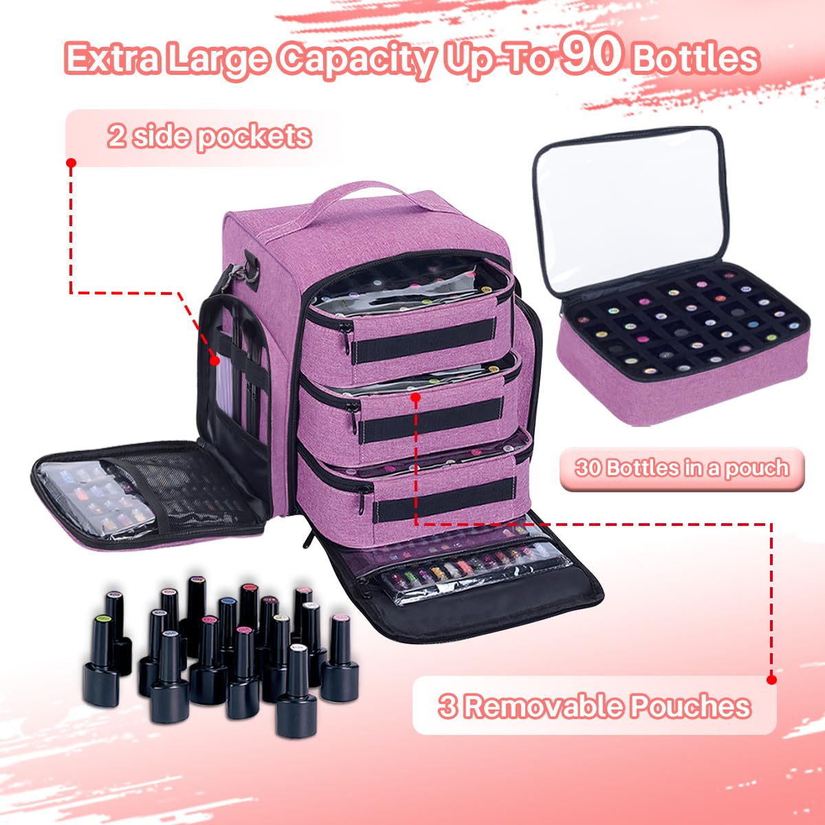 Estuche organizador de esmalte de uñas con capacidad para 90 botellas, caja de almacenamiento portátil de viaje con 3 bolsas desmontables, diseñada para herramientas de uñas de mujer, aceites