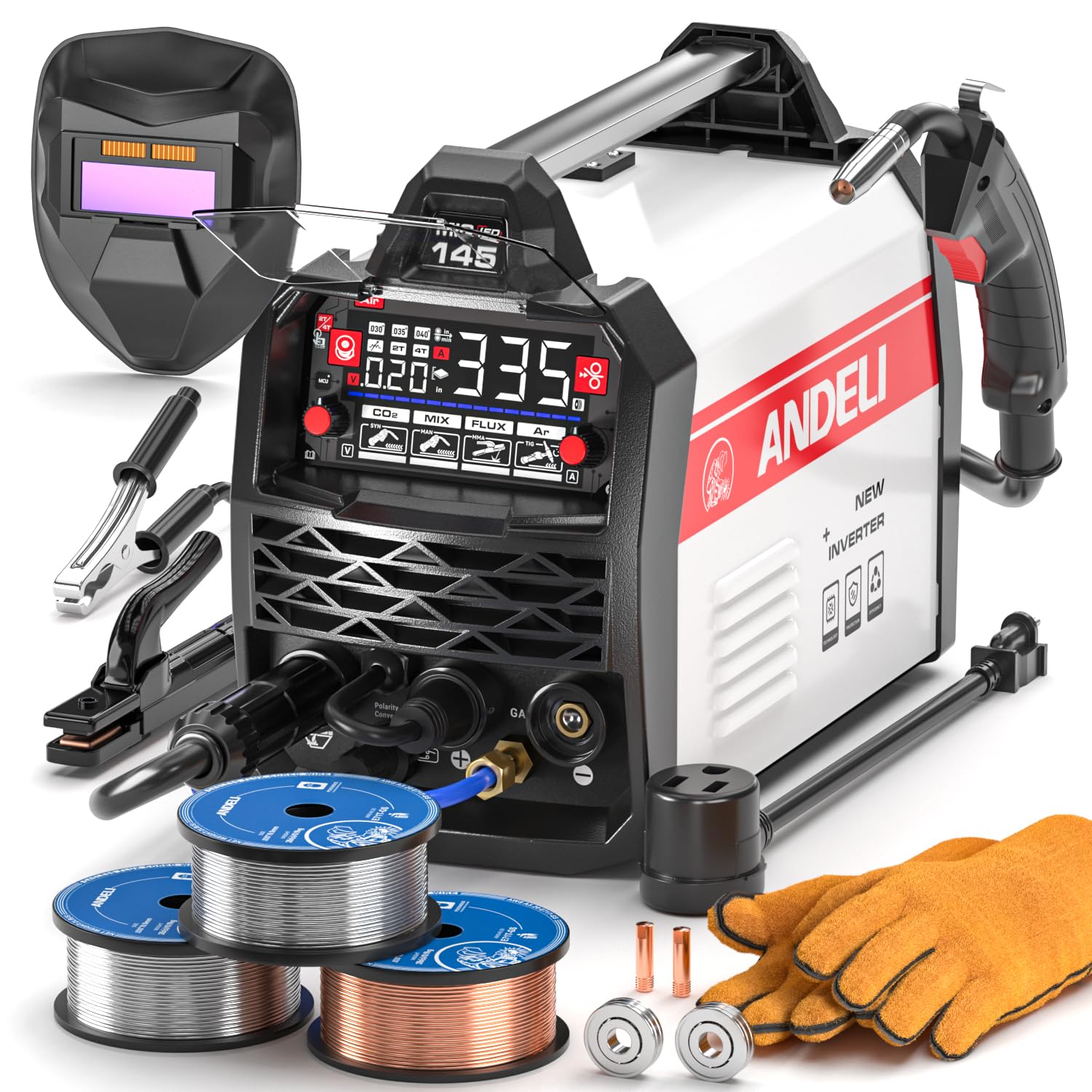 ANDELI Aluminum MIG Welder 145A，Pulse Gas MIG Lift TIG Stick 4-in-1