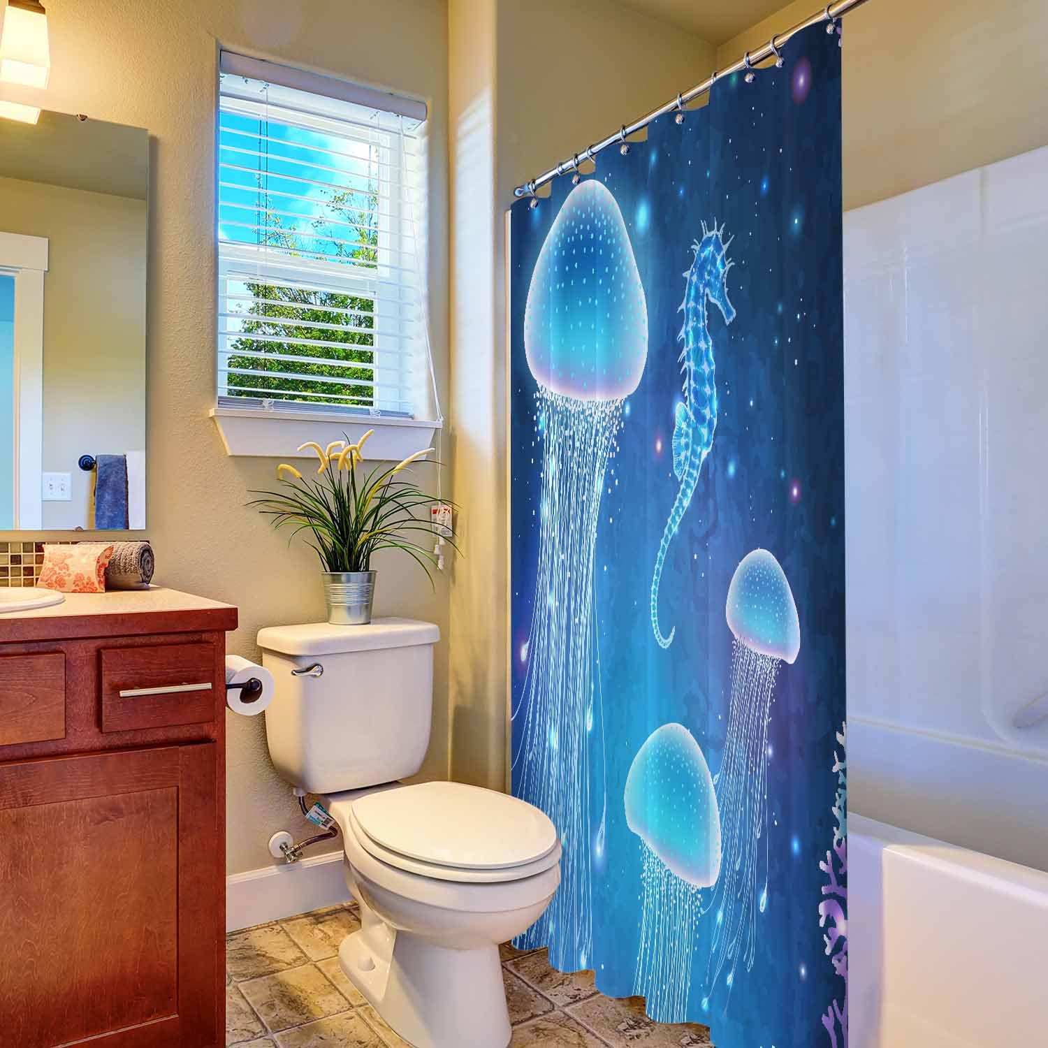 Woutay Shower Curtain Water Repellant Fabric Luminous Jellyfish and Seahorses,Mould Proof Resistant,Polyester,Size 180x180CM - Image 4