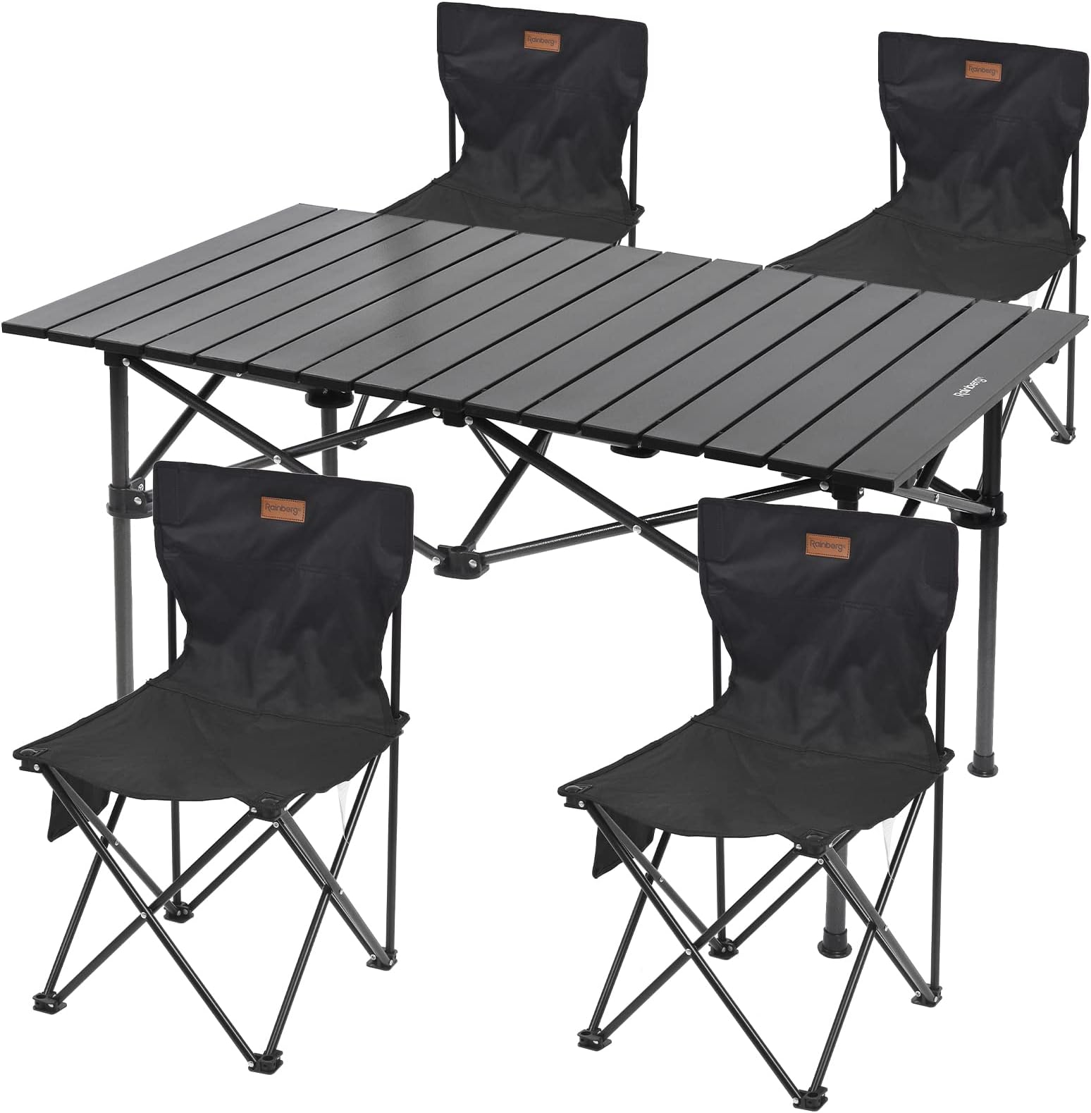 Rainberg Foldable Camping Table Set with 4 Chair, Outdoor Indoor Use for BBQ, Picnic, Garden Parties, Foldable Portable Design. (Big Table with 4 Chairs, Black)