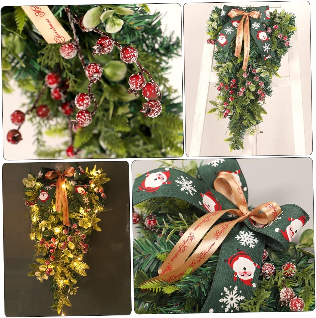 Christmas Teardrop Swag Eucalyptus Leaves and Bowknot Festive Door Hanging Decoration for Stairs Front Door and Home Decor
