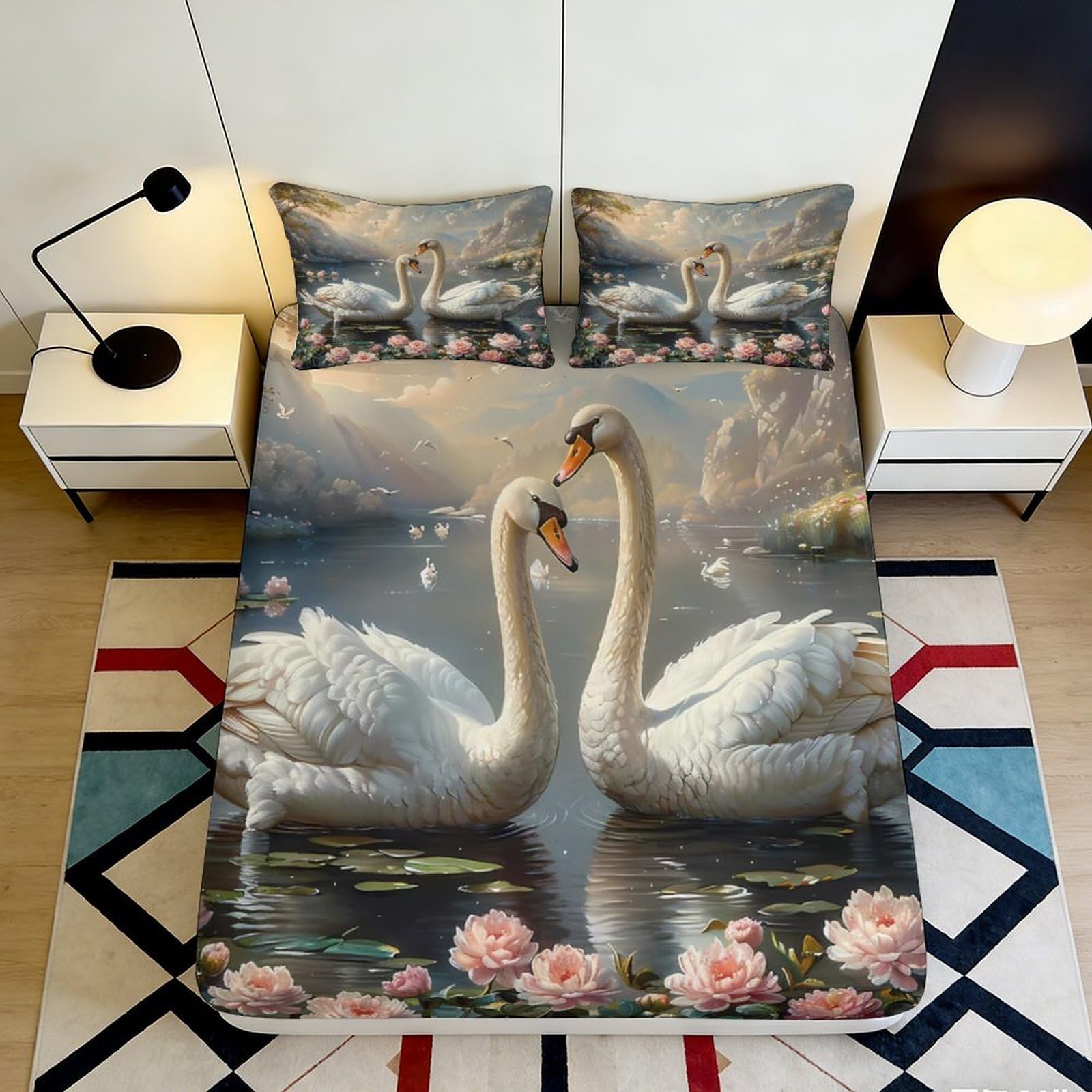 Jqzkxnhpbr Style-3 3D Printed Swan Lake Fitted Sheet Microfiber Elegant Bedroom Decor Romantic Water Scene Mattress Cover For Home Dorm 90X200x25cm