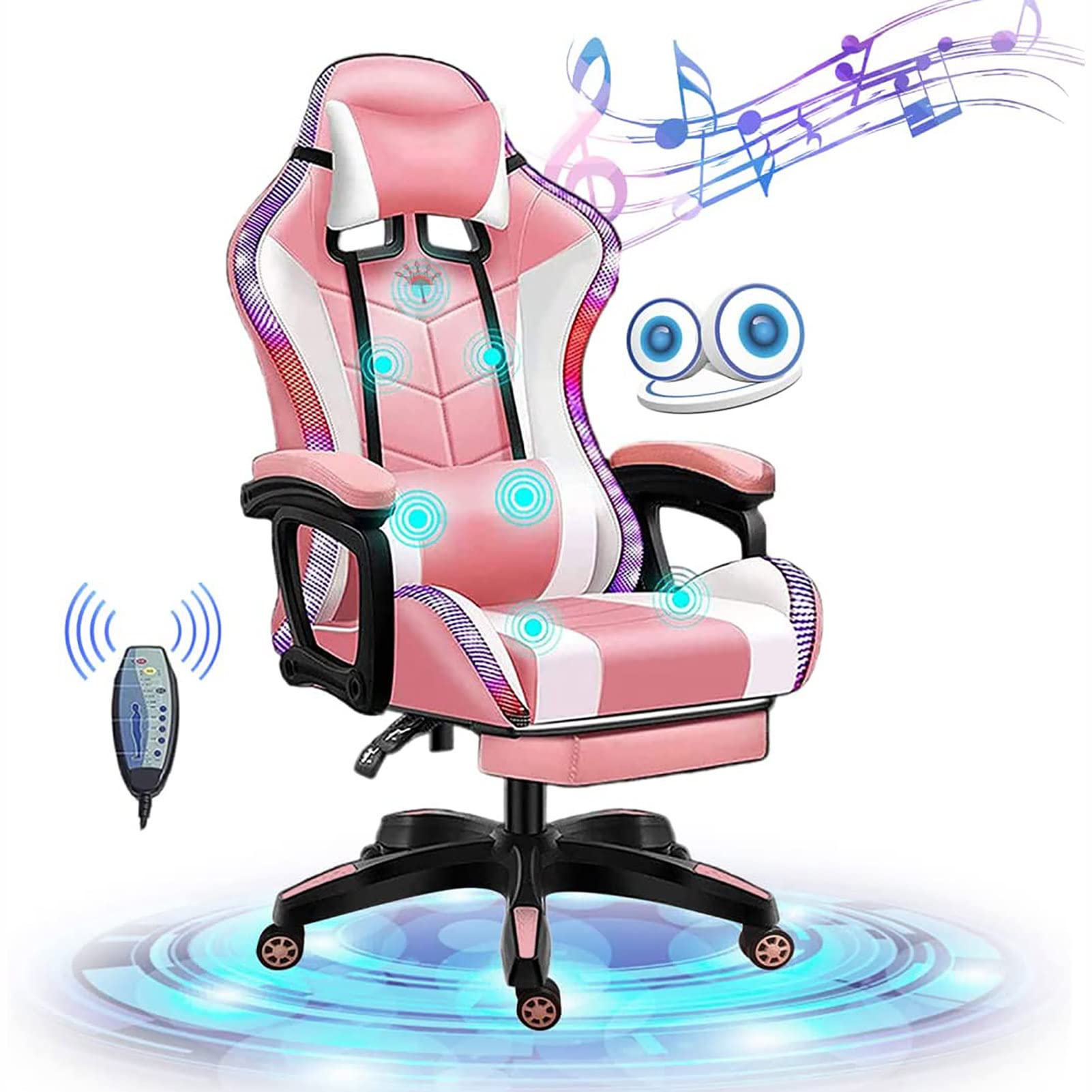 Chaise de jeu Bluetooth et LED RVB inclinable rose pour un confort gaming immersif