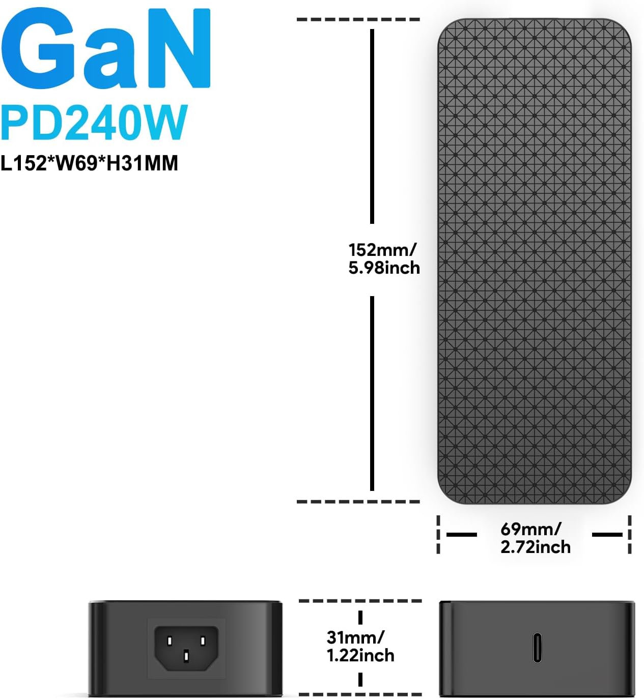 HKY 240W USB C Power Adapter 48V 5A /36V 5A GaN-Based Ultra Compact PD3.1 Power Supply with Detachable USB C Cable for AI Desktop Supercomputer Gaming Laptops PC eBikes Robots Workstation and More