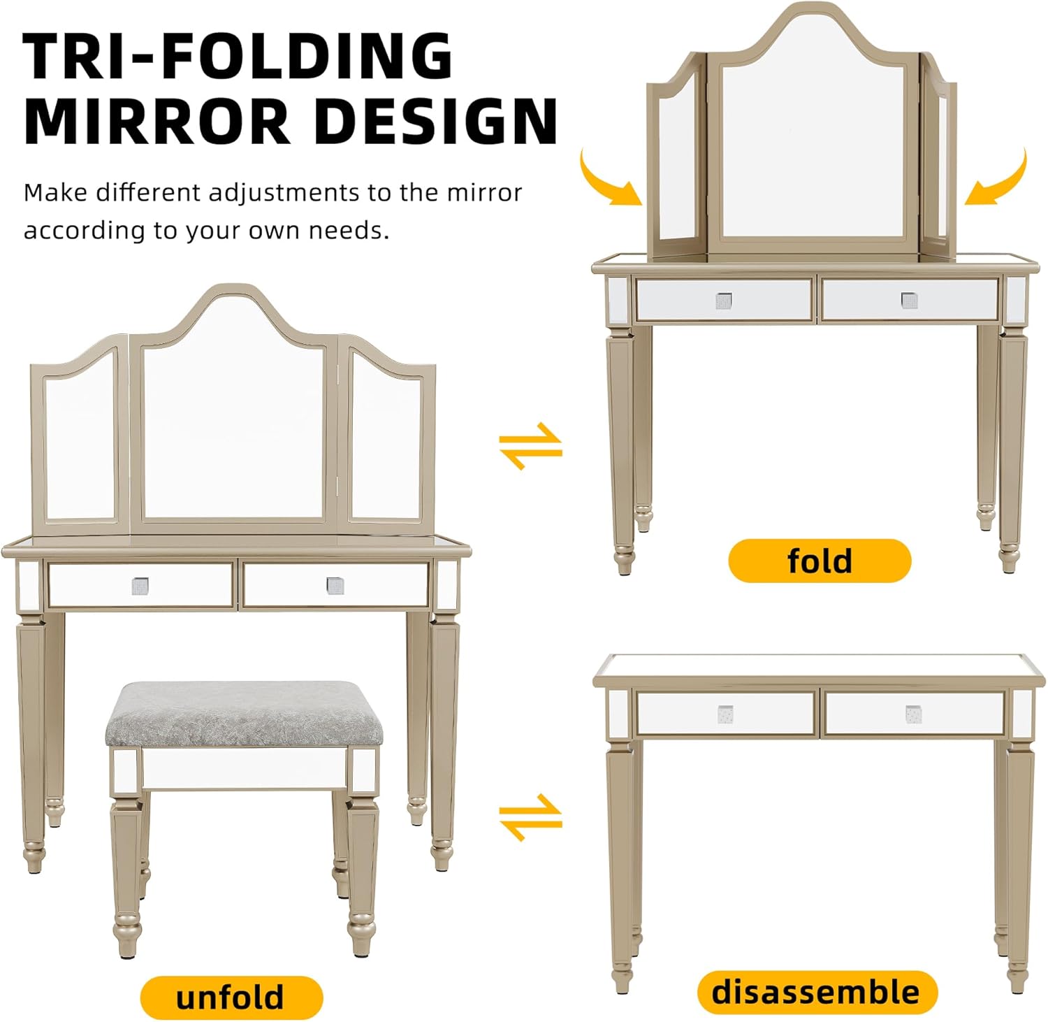 Illustration of the tri-folding mirror design, showing how it can be unfolded, folded, or disassembled.