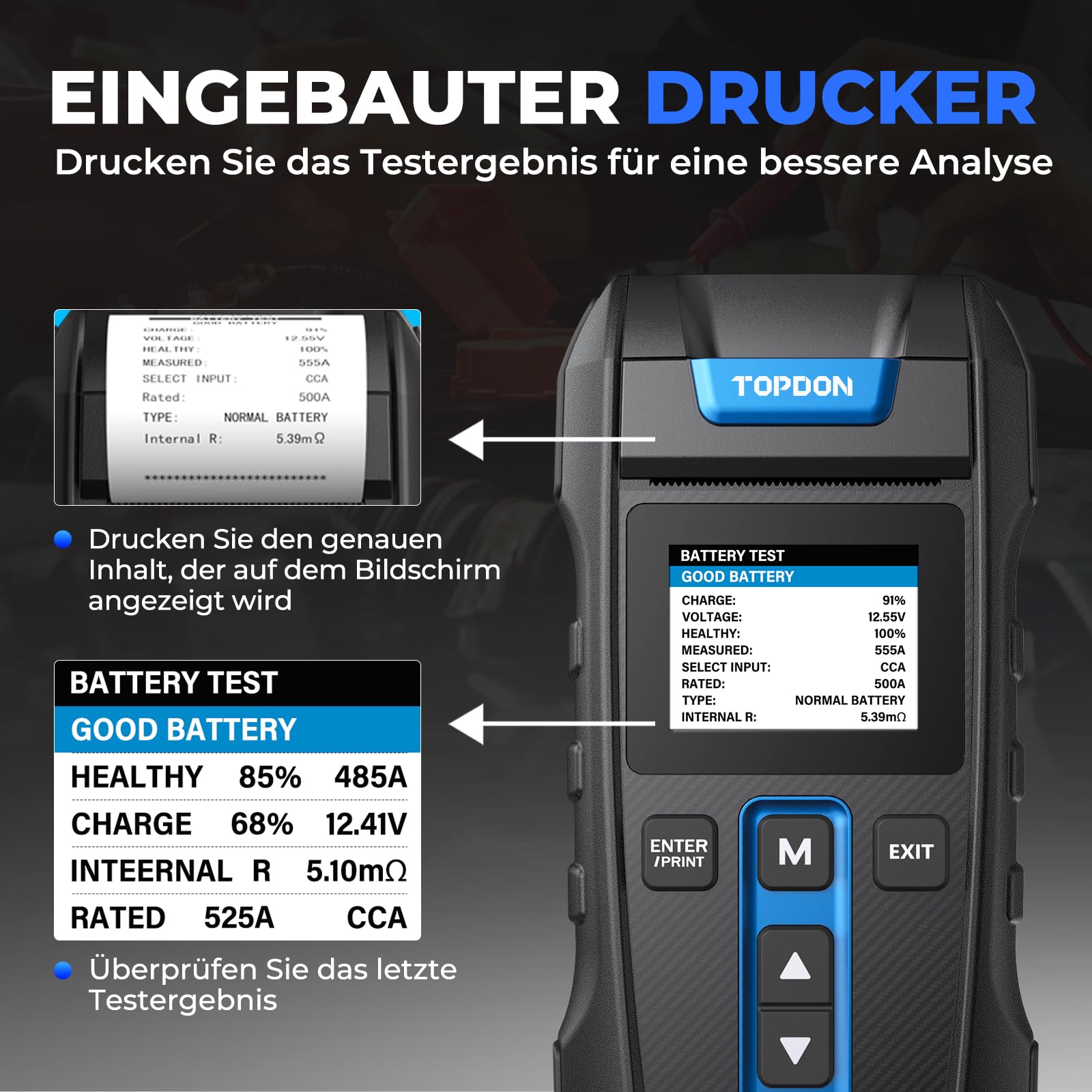 12V 24V Batterietester kfz mit Drucker-TOPDON BT300P, 100-2000 CCA Automatischer Lasttester für Batterie-/Anlass-/Ladesystemtest, Autobatterietester für Auto Motorrad SUV LKW Boot