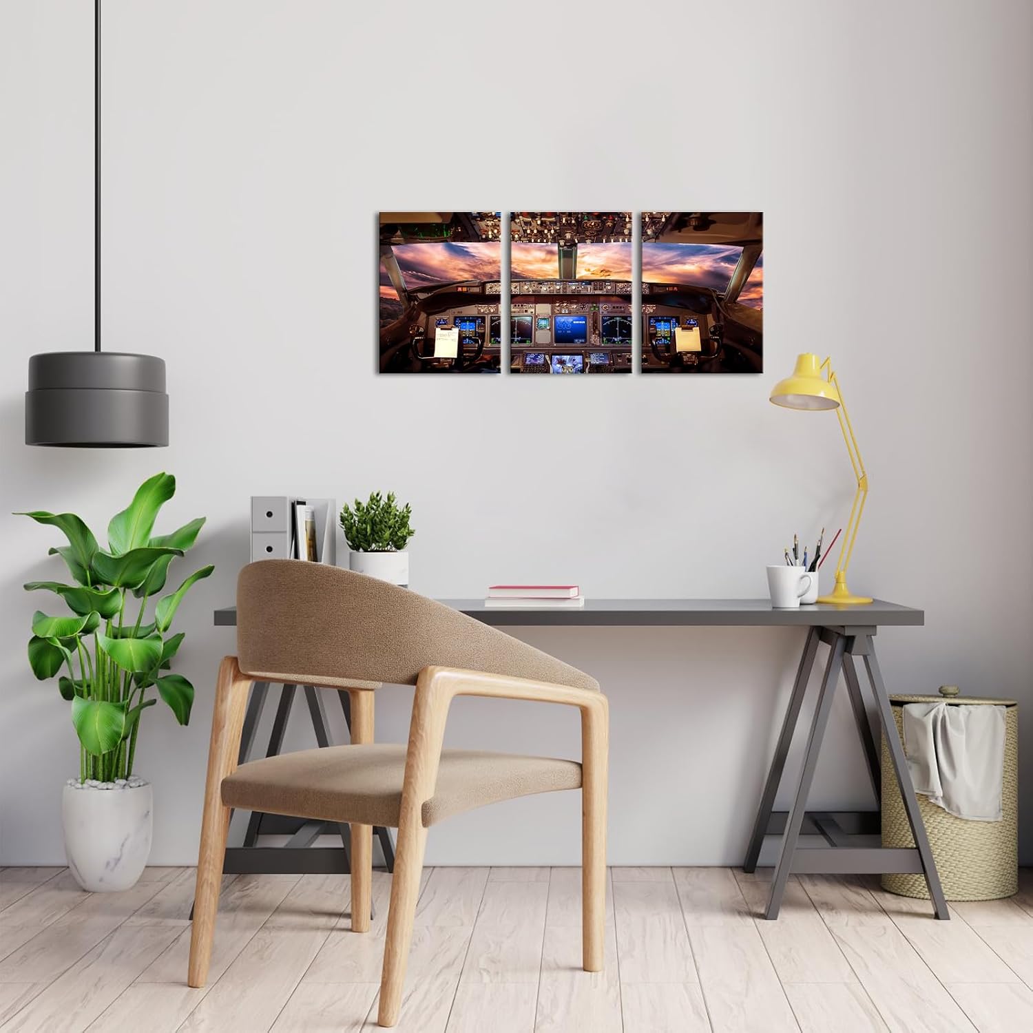 NutArtPic Airplane Cockpit Wall Art Canvas Plane Painting Aviation Art Pictures Aircraft Interior Sunny Sky Picture Prints Airplane Artwork for Living Room Bedroom Office Decor 12''X16''X3 Panels