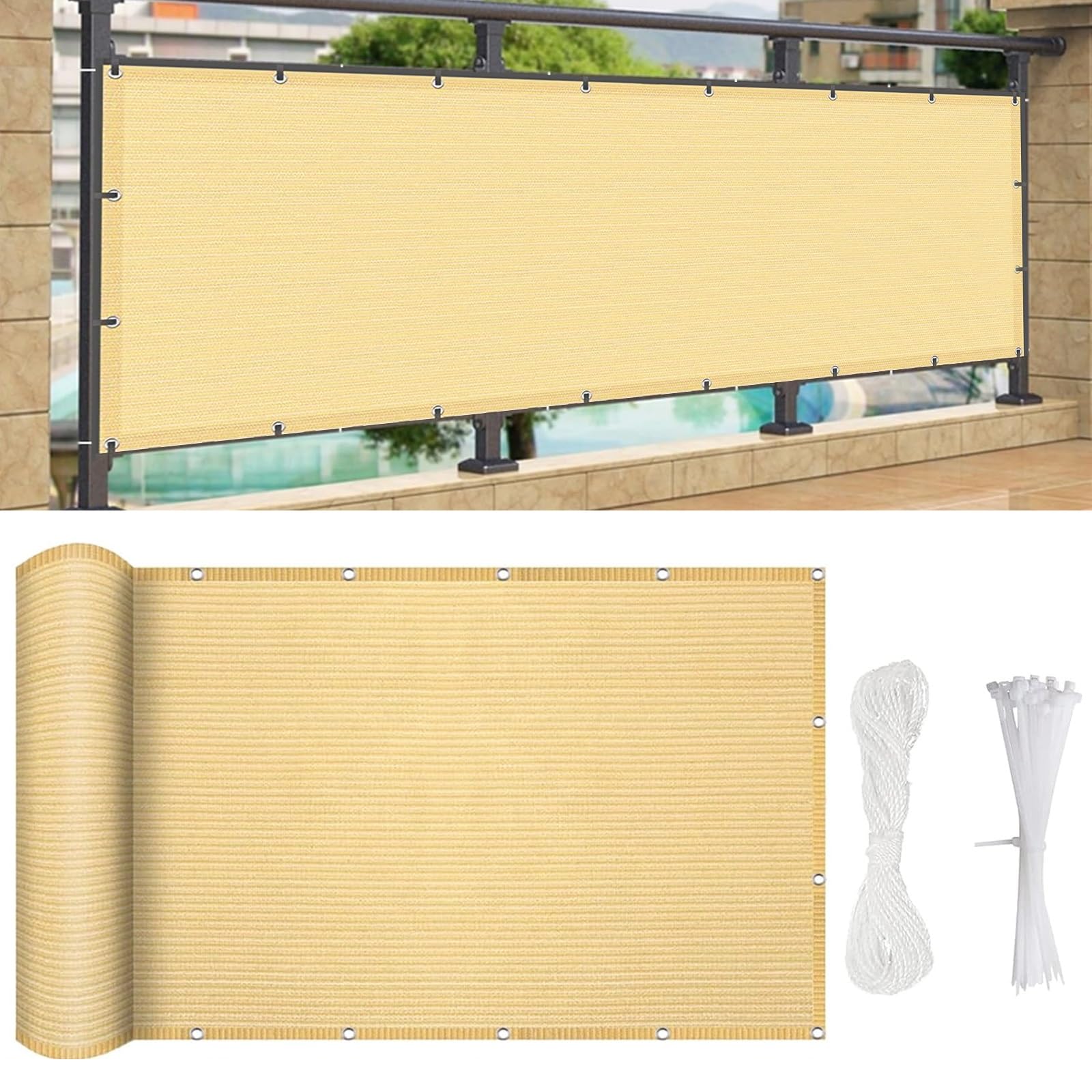 Balkon zewnętrzny 600 x 180 cm, odporny na promieniowanie UV, HDPE 220 g/m², wiatrak do patio, ogrodu, żółty piasek, zawiera opaski kablowe i sznurki dla łatwej instalacji