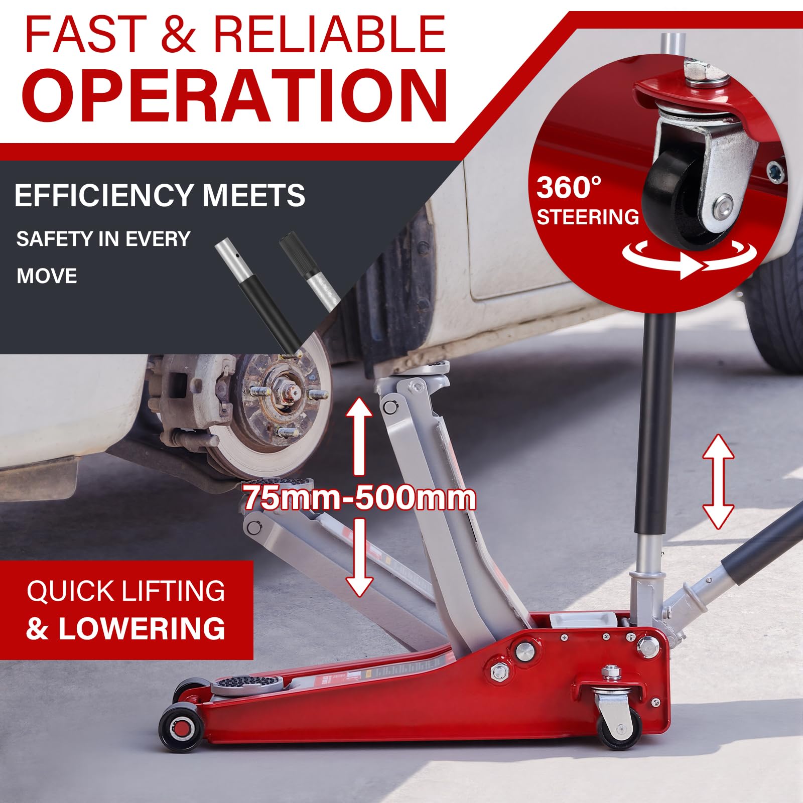 TEENO Gato Hidraulico 3T 75-500 mm Pistón Doble Bajo Ruedas 360° para Coche