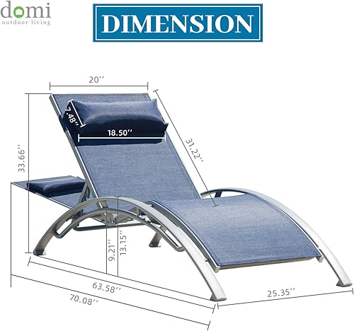 Miniatura 10 de Domi - Juego de 3 sillas de salón de aluminio para exteriores con 5 posiciones ajustables, tumbona al aire libre para piscina, jardín, playa, 2