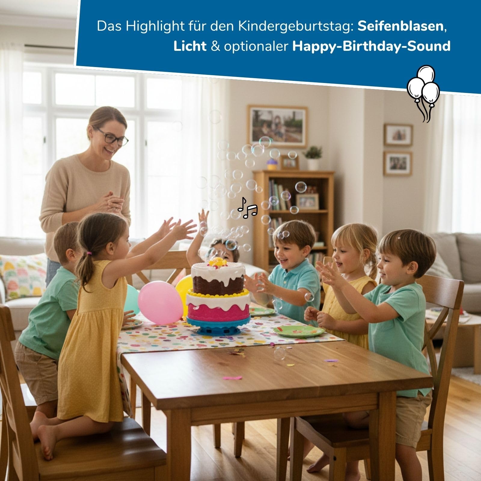 alldoro 68801 Partyspiele Set mit LED-Seifenblasenmaschine Torte & 1,2_L Seifenblasenflüssigkeit, 4 Outdoor-Spiele, für Kinder ab 3 Jahren