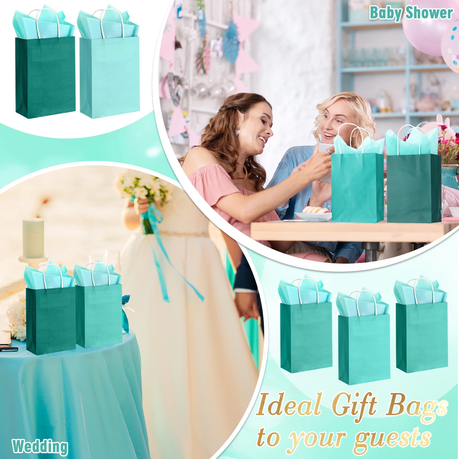 Kolldenn 50 Set Teal Blue Gift Bags with Tissue Paper 8.27 x 5.91 x 3.15 Inch Small Paper Bags with Handles Thank You Gift for Baby Shower Bridal Shower Wedding Party Favors Goodies